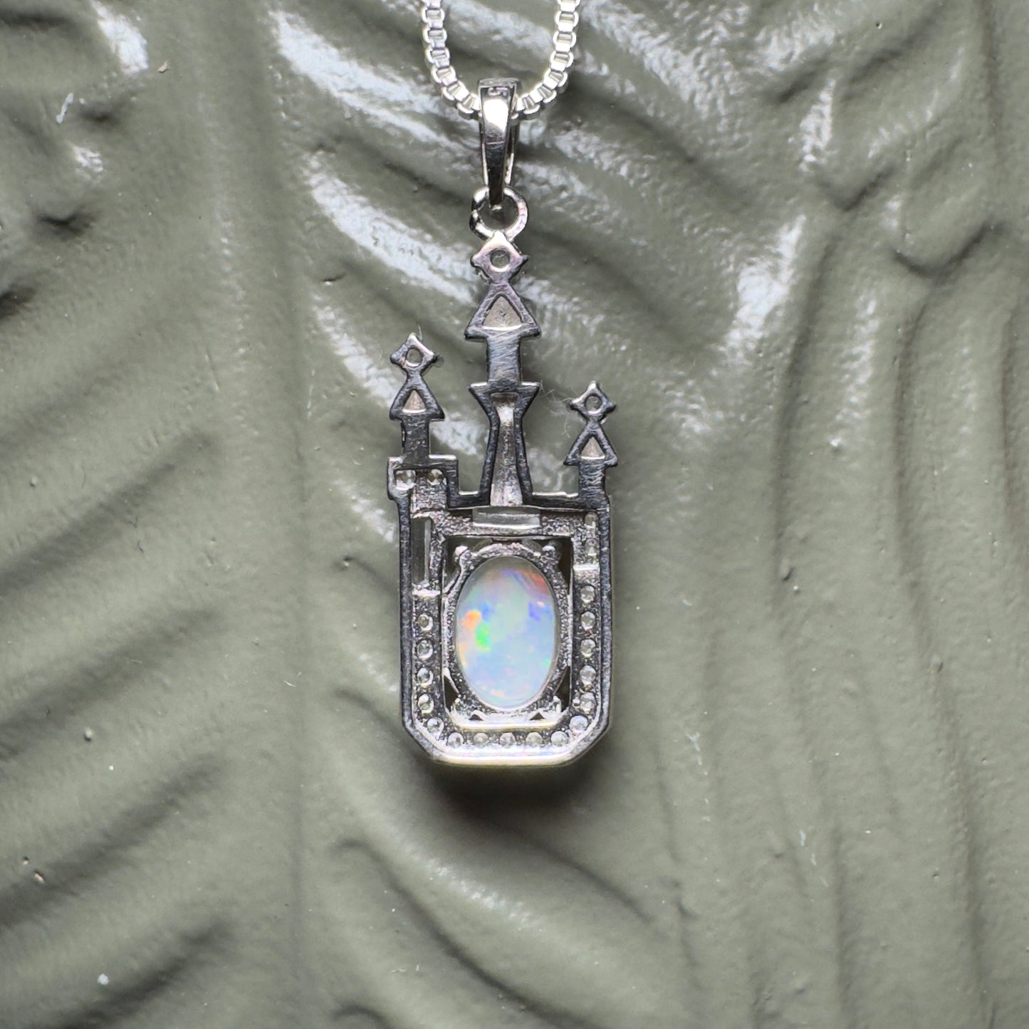 'Castle on the Hill' ~ Handcrafted 1.0ct Solid Lightning Ridge Opal and Cubic Zirconia Sterling Silver Leaf Pendant