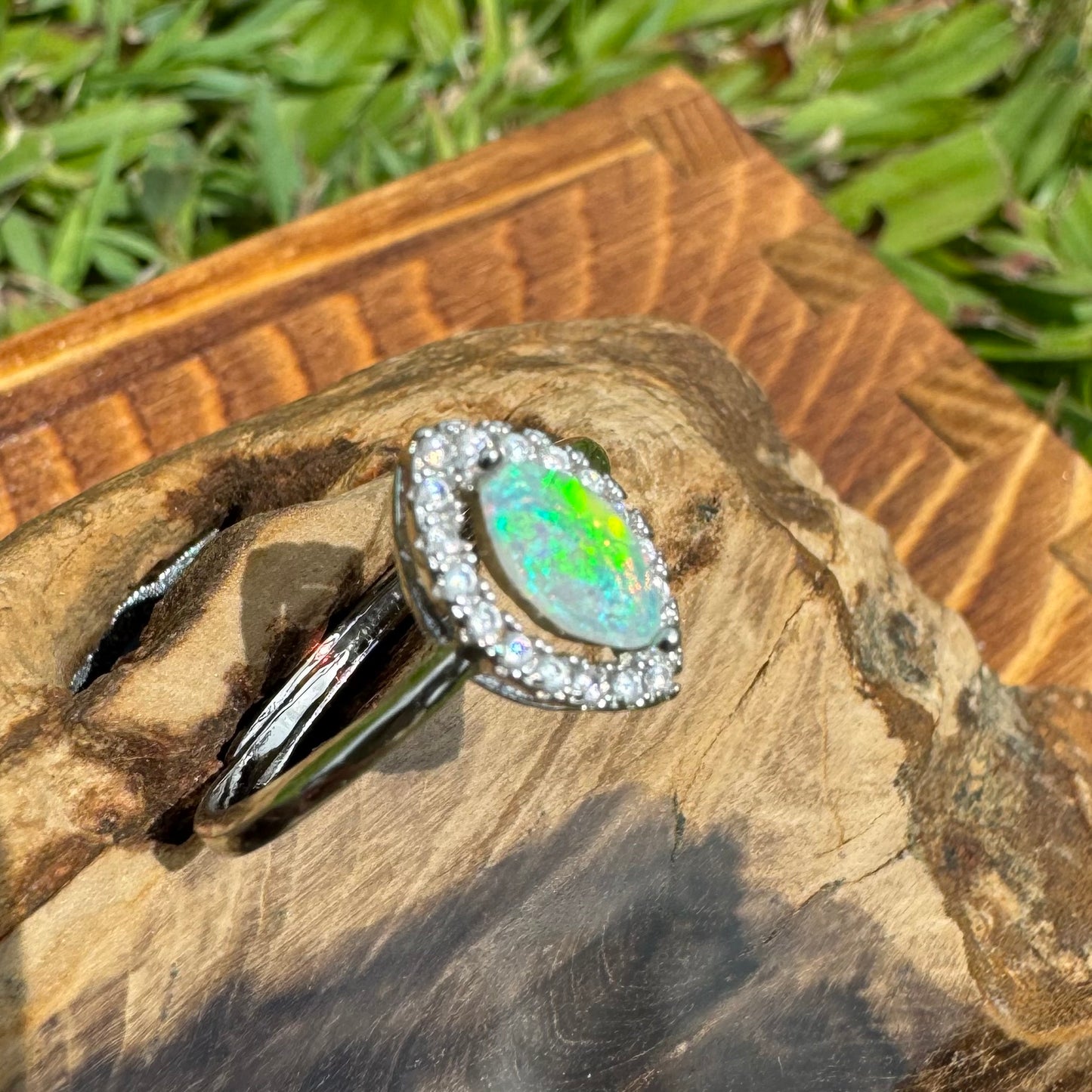 'Lagoon Blues' ~ Handcrafted 0.3ct Solid Lightning Ridge Opal and Cubic Zirconia Sterling Silver Ring - Iona Opal Australia