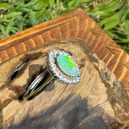 'Lagoon Blues' ~ Handcrafted 0.3ct Solid Lightning Ridge Opal and Cubic Zirconia Sterling Silver Ring - Iona Opal Australia