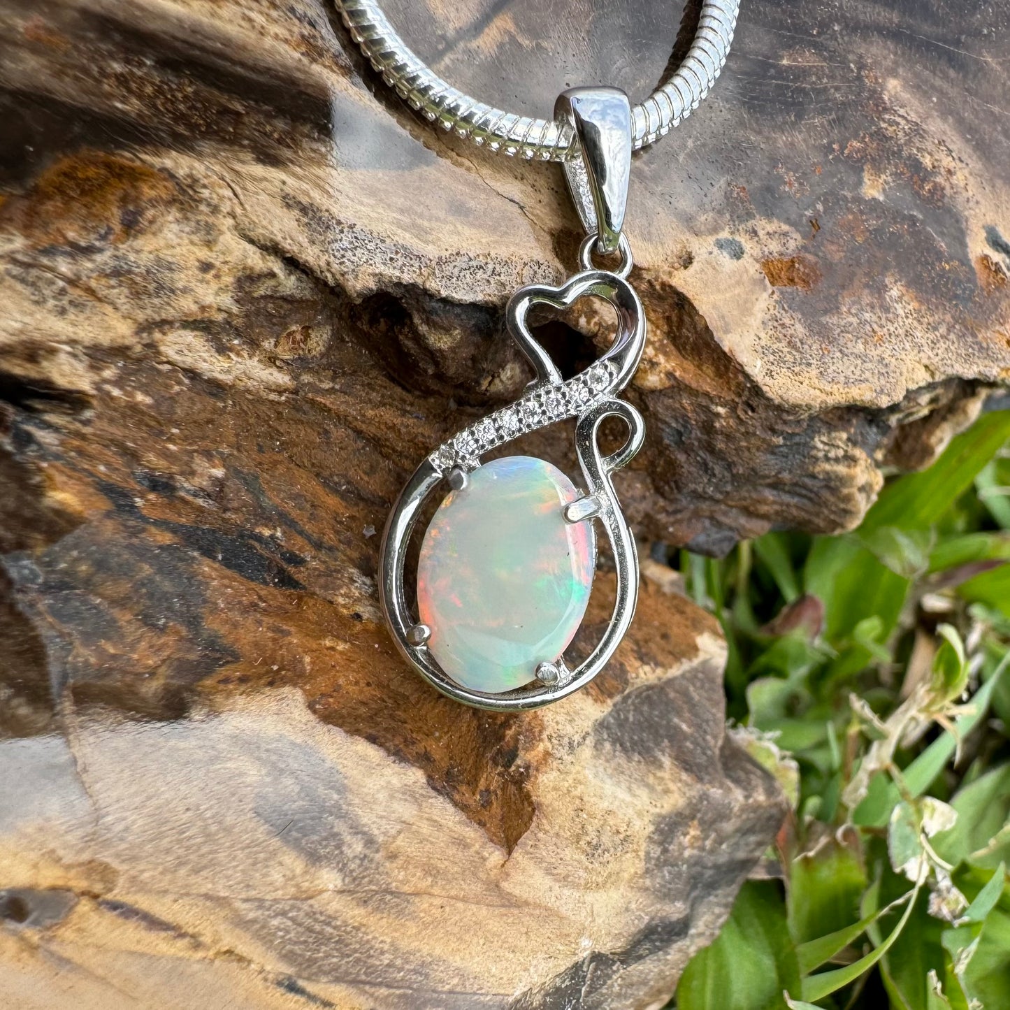 Handcrafted 1.0ct Solid Lightning Ridge Opal and Cubic Zirconia Sterling Silver Pendant Necklace - Iona Opal Australia