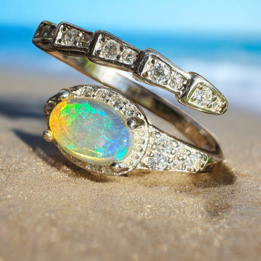 ‘Lagoon Blues' ~ Handcrafted 0.5ct Solid Lightning Ridge Opal and Cubic Zirconia Sterling Silver Ring