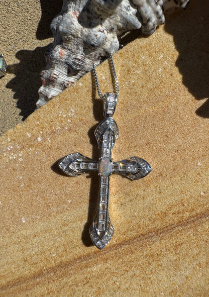 'Eternal Grace' ~ Handcrafted 0.6ct Solid Lightning Ridge Opal and Cubic Zirconia Sterling Silver Cross Pendant