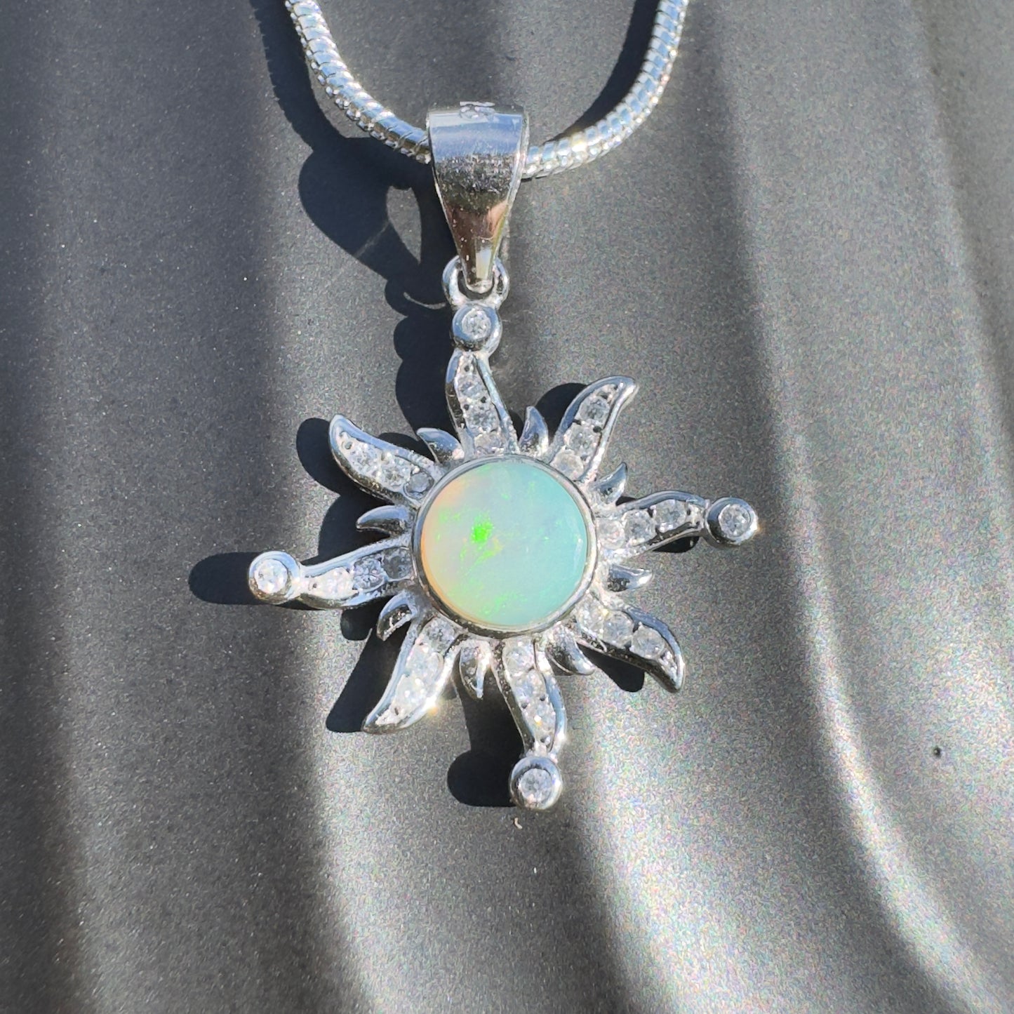 'Sun Gazer' ~ Handcrafted 0.8ct Solid Lightning Ridge Opal and Cubic Zirconia Sterling Silver Sun Pendant