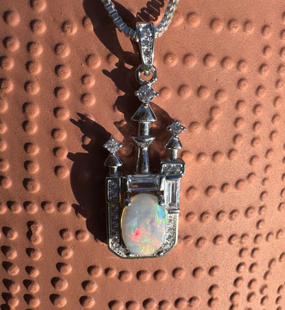 'Castle on the Hill' ~ Handcrafted 1.0ct Solid Lightning Ridge Opal and Cubic Zirconia Sterling Silver Leaf Pendant