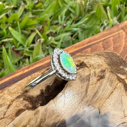 'Lagoon Blues' ~ Handcrafted 0.3ct Solid Lightning Ridge Opal and Cubic Zirconia Sterling Silver Ring - Iona Opal Australia