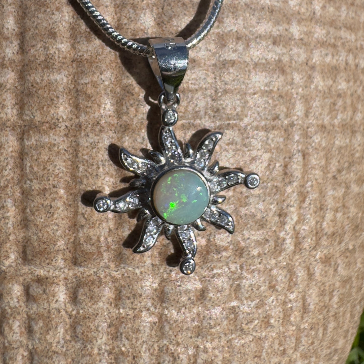 'Sun Gazer' ~ Handcrafted 0.8ct Solid Lightning Ridge Opal and Cubic Zirconia Sterling Silver Sun Pendant