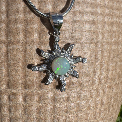 'Sun Gazer' ~ Handcrafted 0.8ct Solid Lightning Ridge Opal and Cubic Zirconia Sterling Silver Sun Pendant