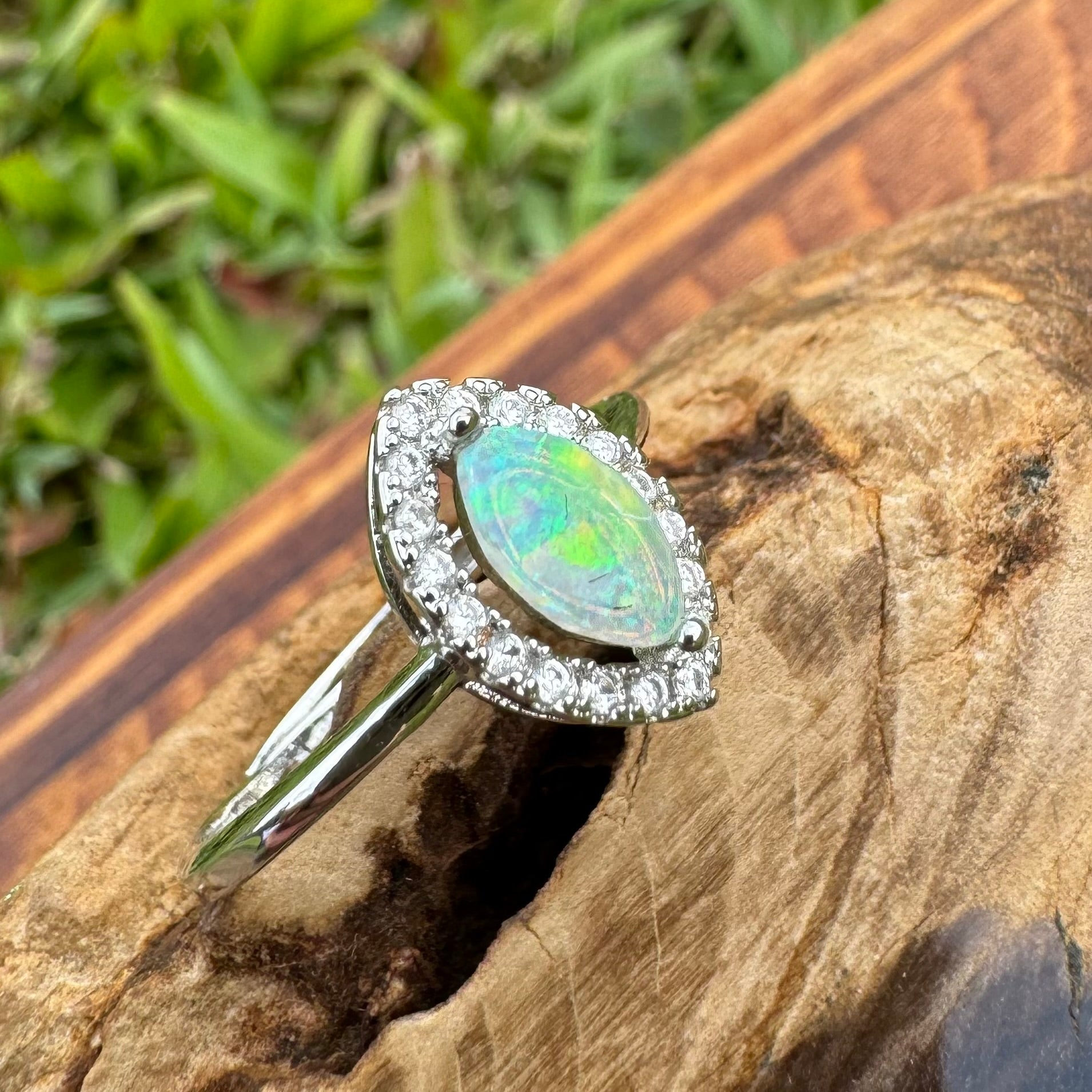 'Lagoon Blues' ~ Handcrafted 0.3ct Solid Lightning Ridge Opal and Cubic Zirconia Sterling Silver Ring - Iona Opal Australia