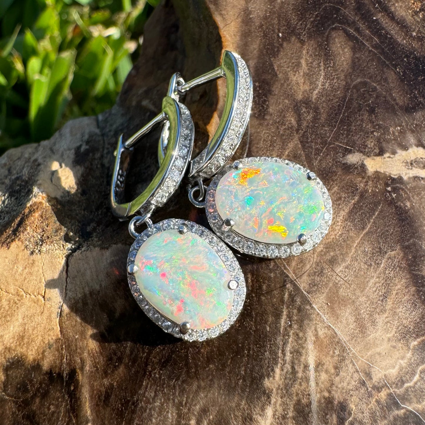 2ct Solid Coober Pedy Opal and Cubic Zirconia Sterling Silver Earrings