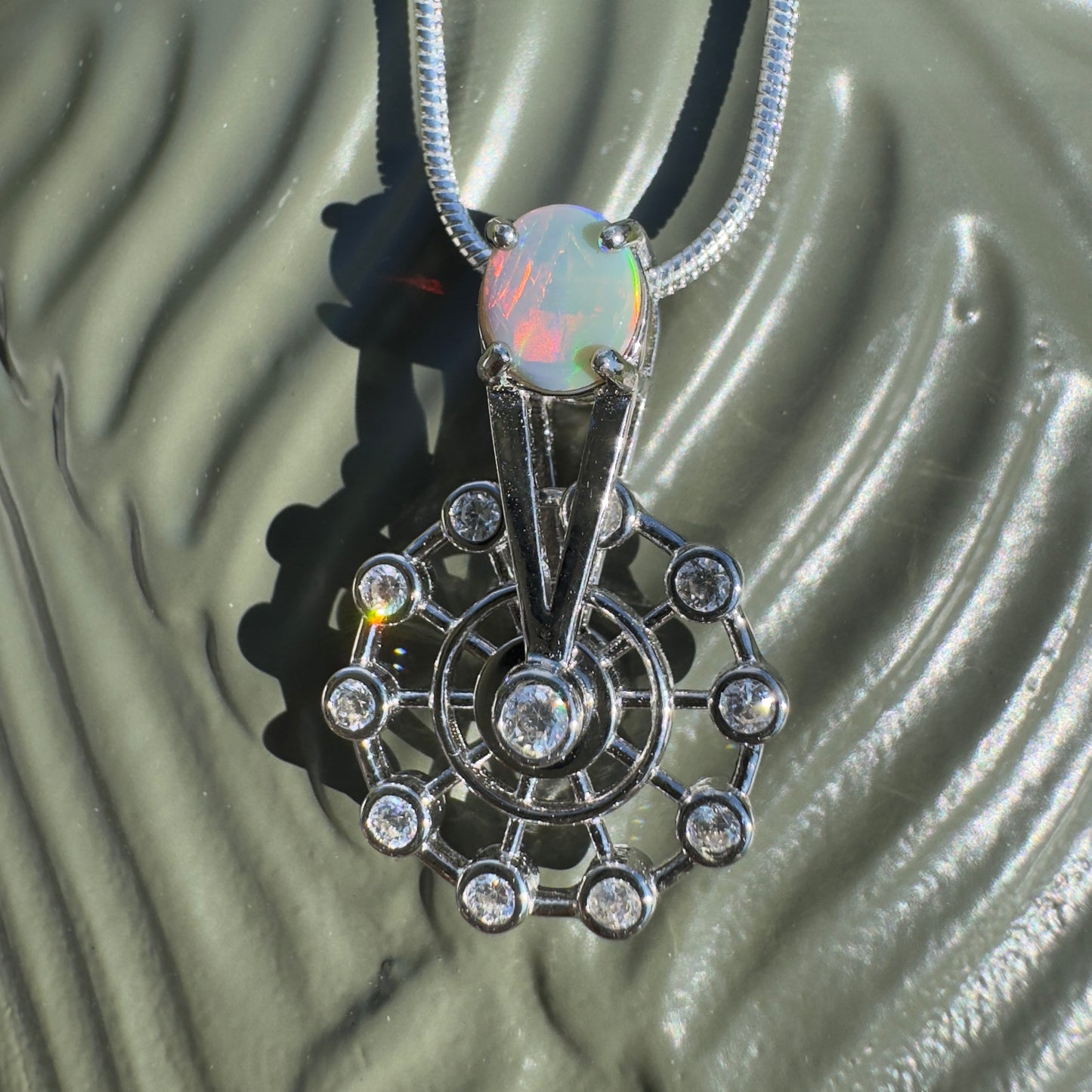 ‘Fair Fun' ~ Handcrafted 0.7ct Solid Lightning Ridge Opal and Cubic Zirconia Sterling Silver Spinning Ferris Wheel Pendant