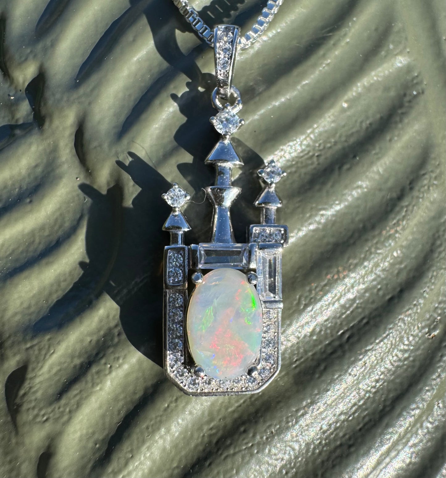 'Castle on the Hill' ~ Handcrafted 1.0ct Solid Lightning Ridge Opal and Cubic Zirconia Sterling Silver Leaf Pendant