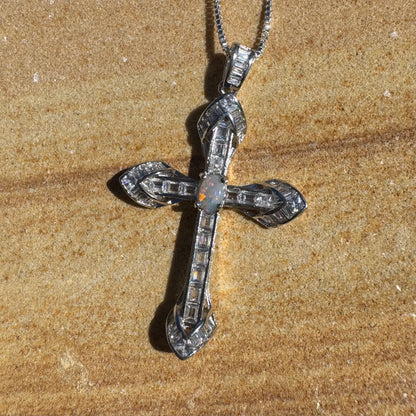 'Eternal Grace' ~ Handcrafted 0.6ct Solid Lightning Ridge Opal and Cubic Zirconia Sterling Silver Cross Pendant