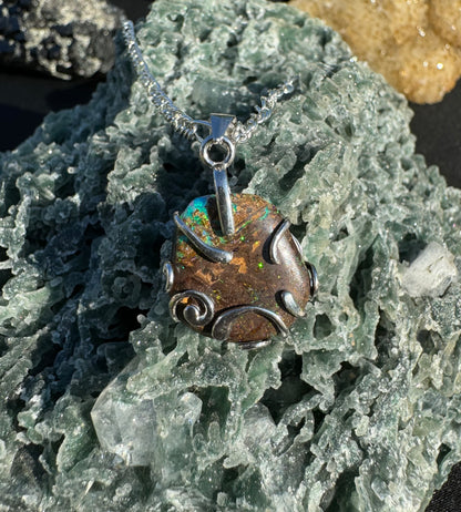 'Hidden Waterfall' ~ Handcrafted 18ct Solid Queensland Boulder Opal Sterling Silver Pendant Necklace - Iona Opal Australia