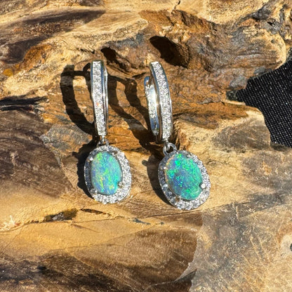 0.8ct Solid Lightning Ridge Opal and Cubic Zirconia Sterling Silver Earrings