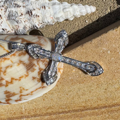 'Eternal Grace' ~ Handcrafted 0.6ct Solid Lightning Ridge Opal and Cubic Zirconia Sterling Silver Cross Pendant