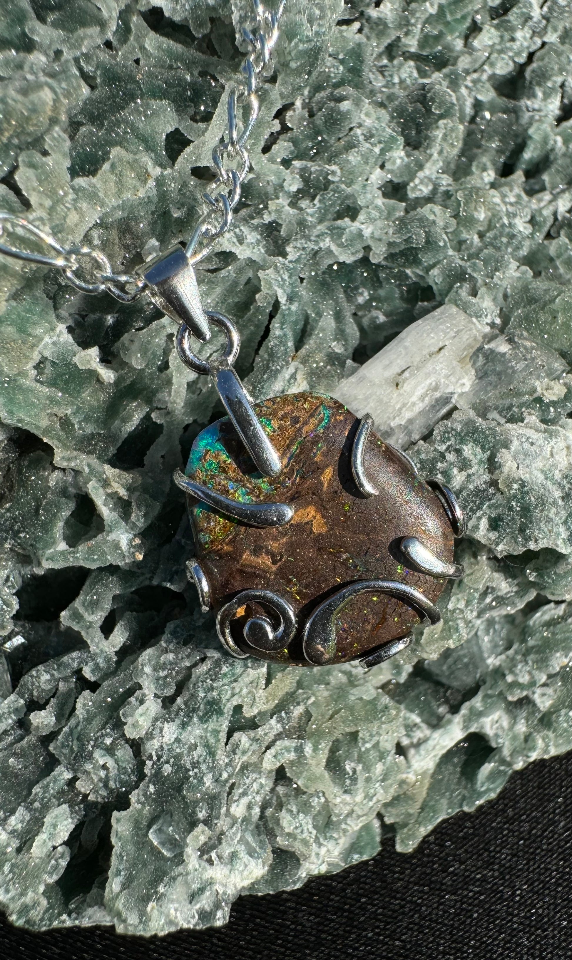 'Hidden Waterfall' ~ Handcrafted 18ct Solid Queensland Boulder Opal Sterling Silver Pendant Necklace - Iona Opal Australia