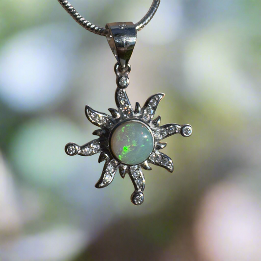 'Sun Gazer' ~ Handcrafted 0.8ct Solid Lightning Ridge Opal and Cubic Zirconia Sterling Silver Sun Pendant