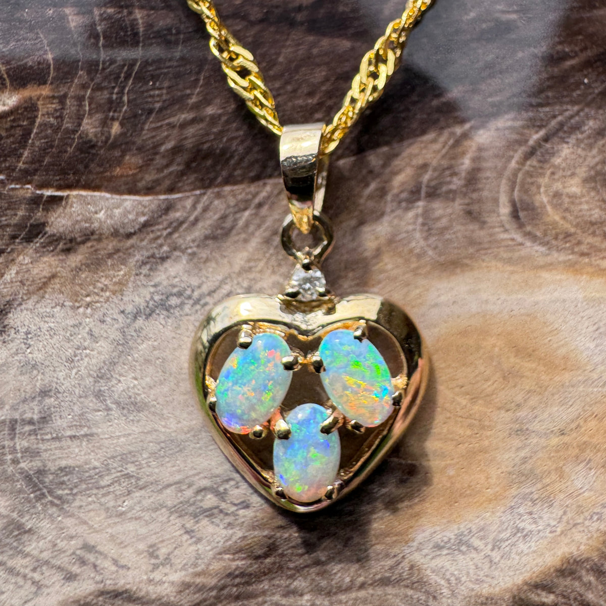 0.5ct Coober Pedy Opal & Diamond Heart Pendant Necklace ~ 'Hanging Rock Heart' | 14ct Yellow Gold | Solid Australian Opal