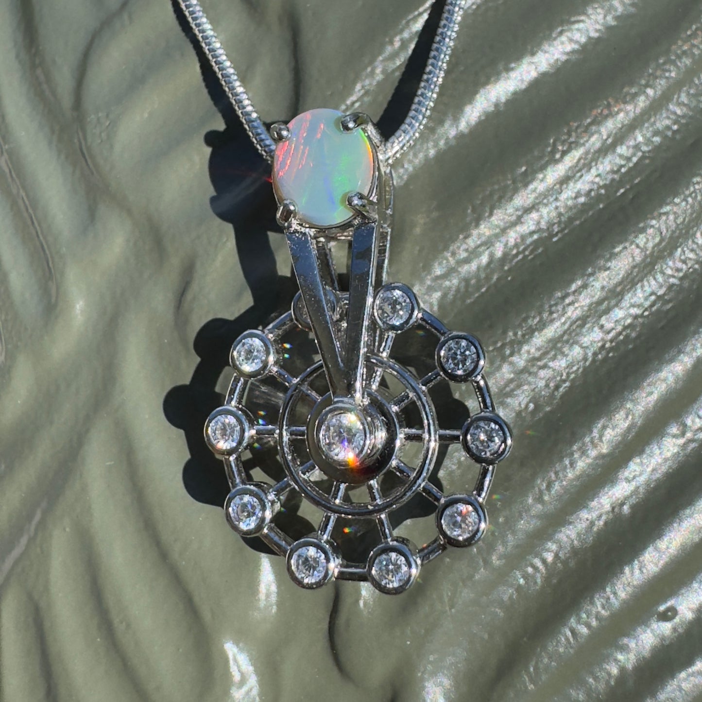 ‘Fair Fun' ~ Handcrafted 0.7ct Solid Lightning Ridge Opal and Cubic Zirconia Sterling Silver Spinning Ferris Wheel Pendant