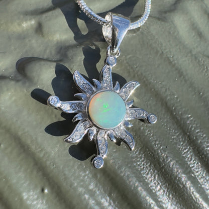 'Sun Gazer' ~ Handcrafted 0.8ct Solid Lightning Ridge Opal and Cubic Zirconia Sterling Silver Sun Pendant