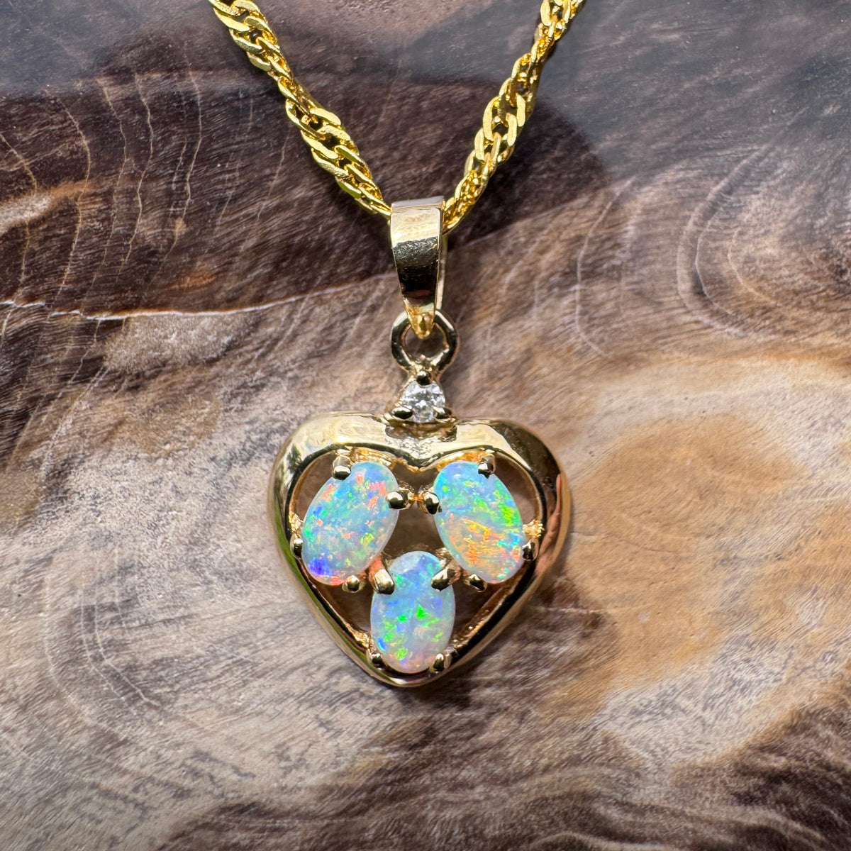 0.5ct Coober Pedy Opal & Diamond Heart Pendant Necklace ~ 'Hanging Rock Heart' | 14ct Yellow Gold | Solid Australian Opal