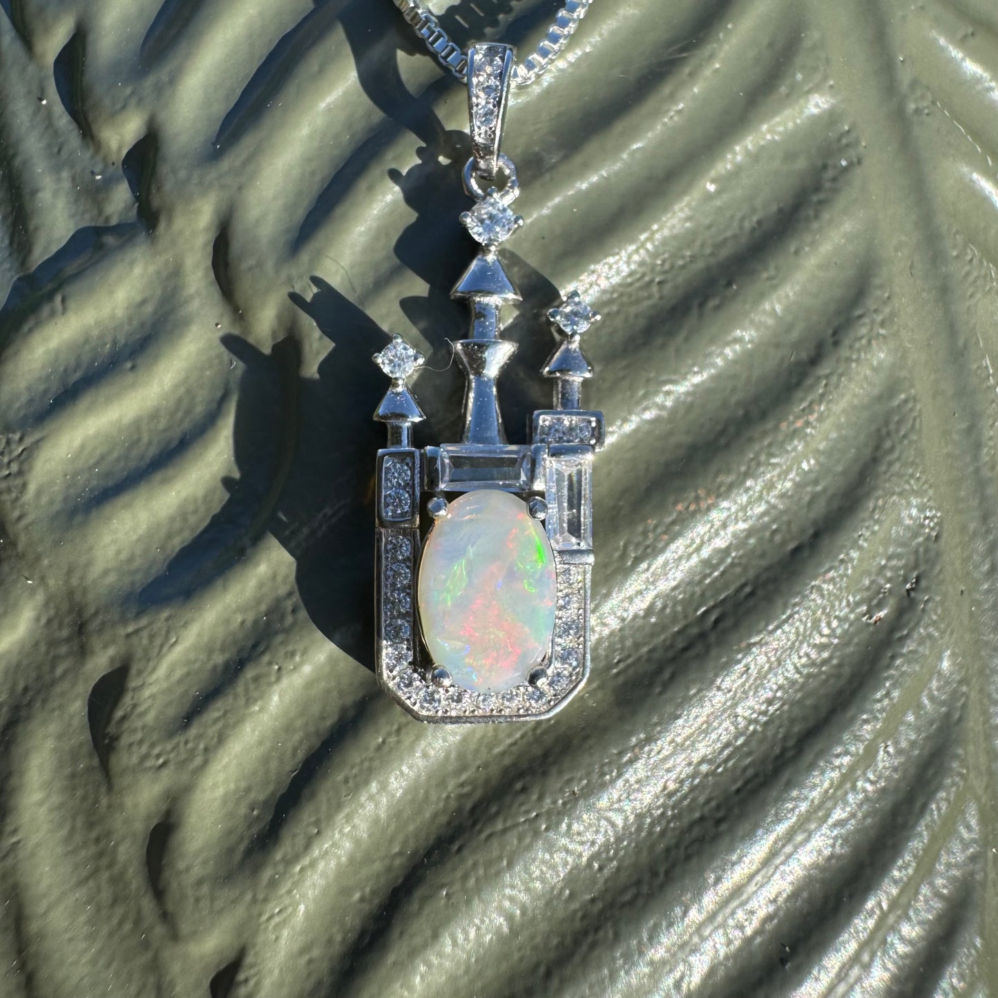 'Castle on the Hill' ~ Handcrafted 1.0ct Solid Lightning Ridge Opal and Cubic Zirconia Sterling Silver Leaf Pendant