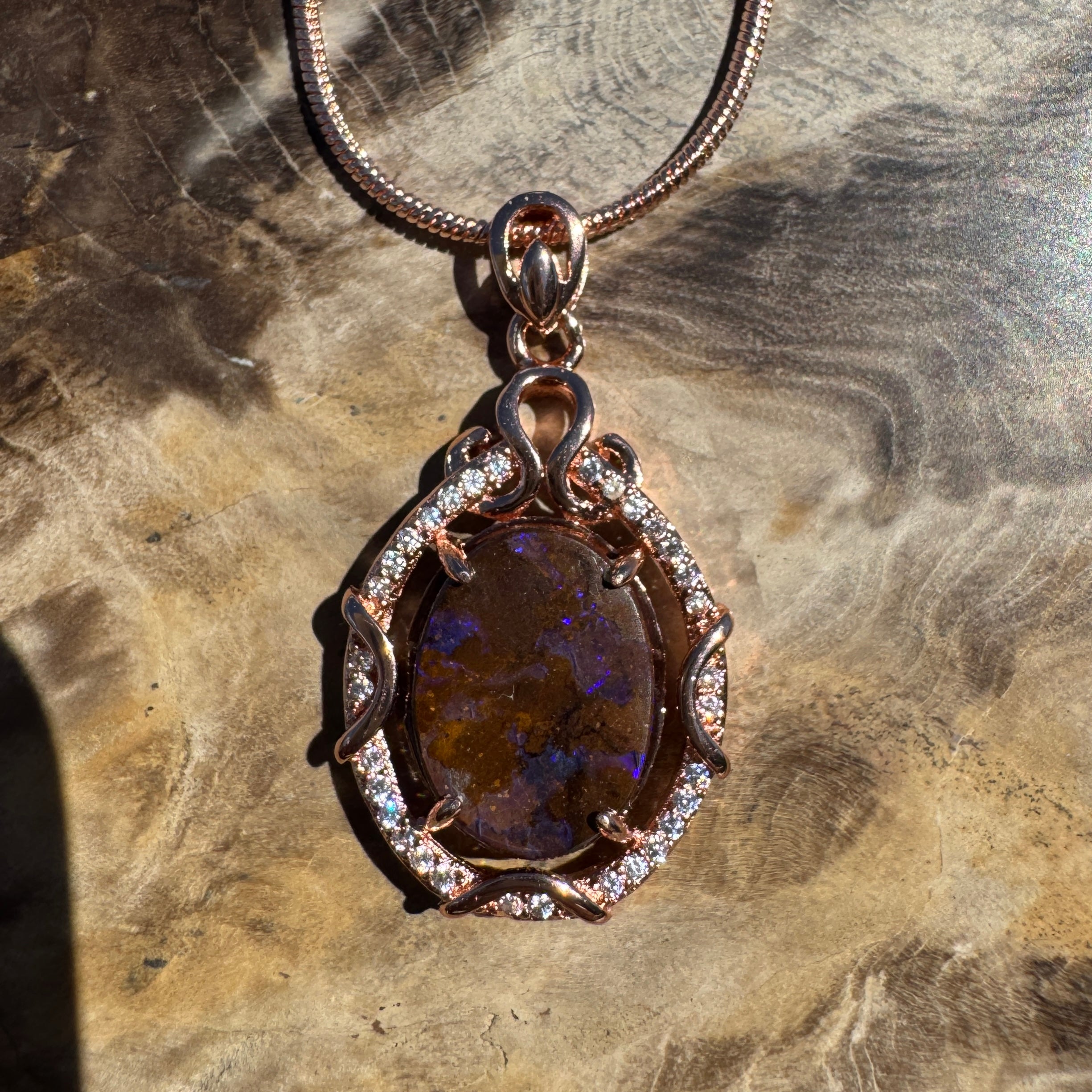 3.2ct Queensland Opal Pendant Necklace ~ 'Kangaroo Island Amethyst' | Rose Gold Coated 925 Sterling Silver | Solid Australian Opal