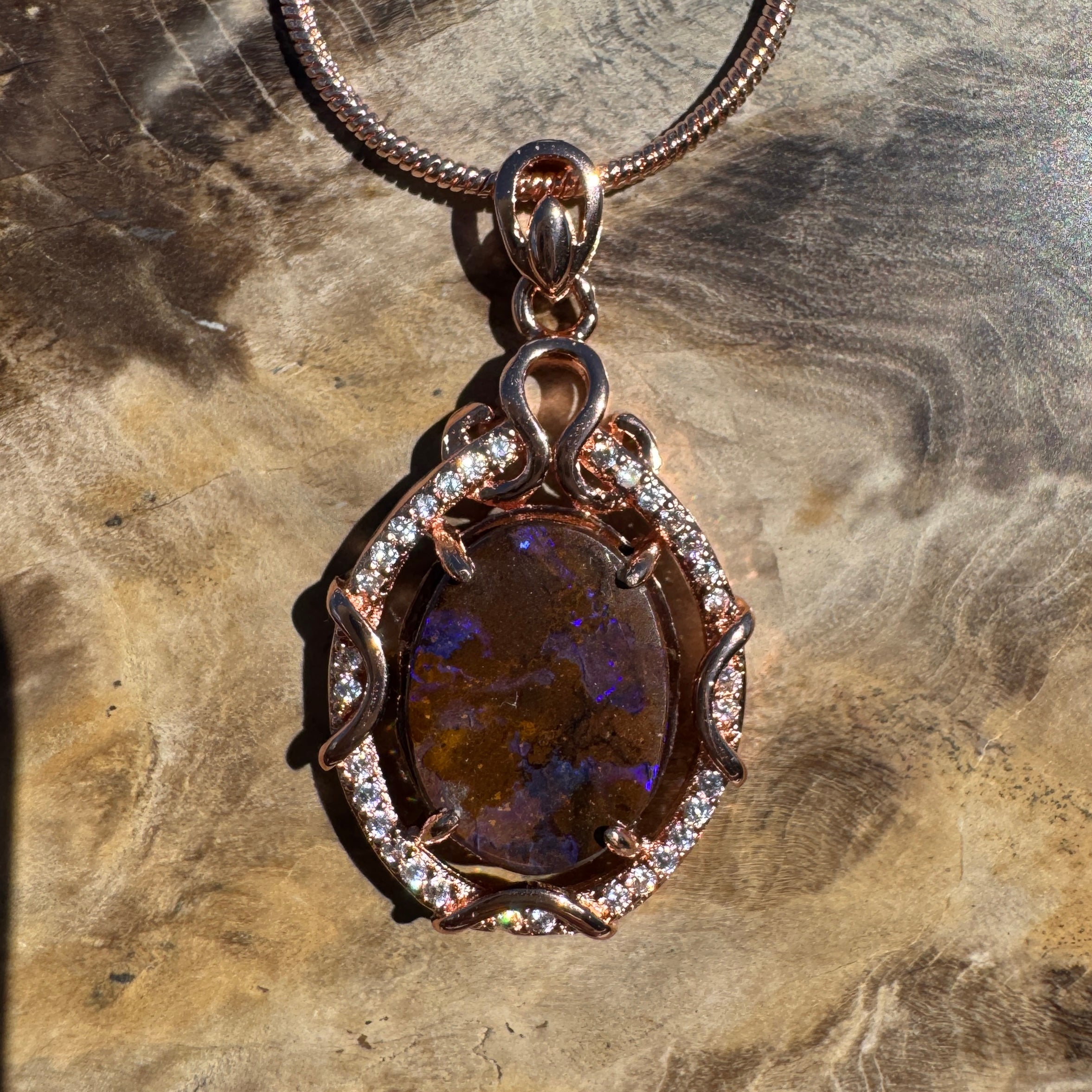 3.2ct Queensland Opal Pendant Necklace ~ 'Kangaroo Island Amethyst' | Rose Gold Coated 925 Sterling Silver | Solid Australian Opal