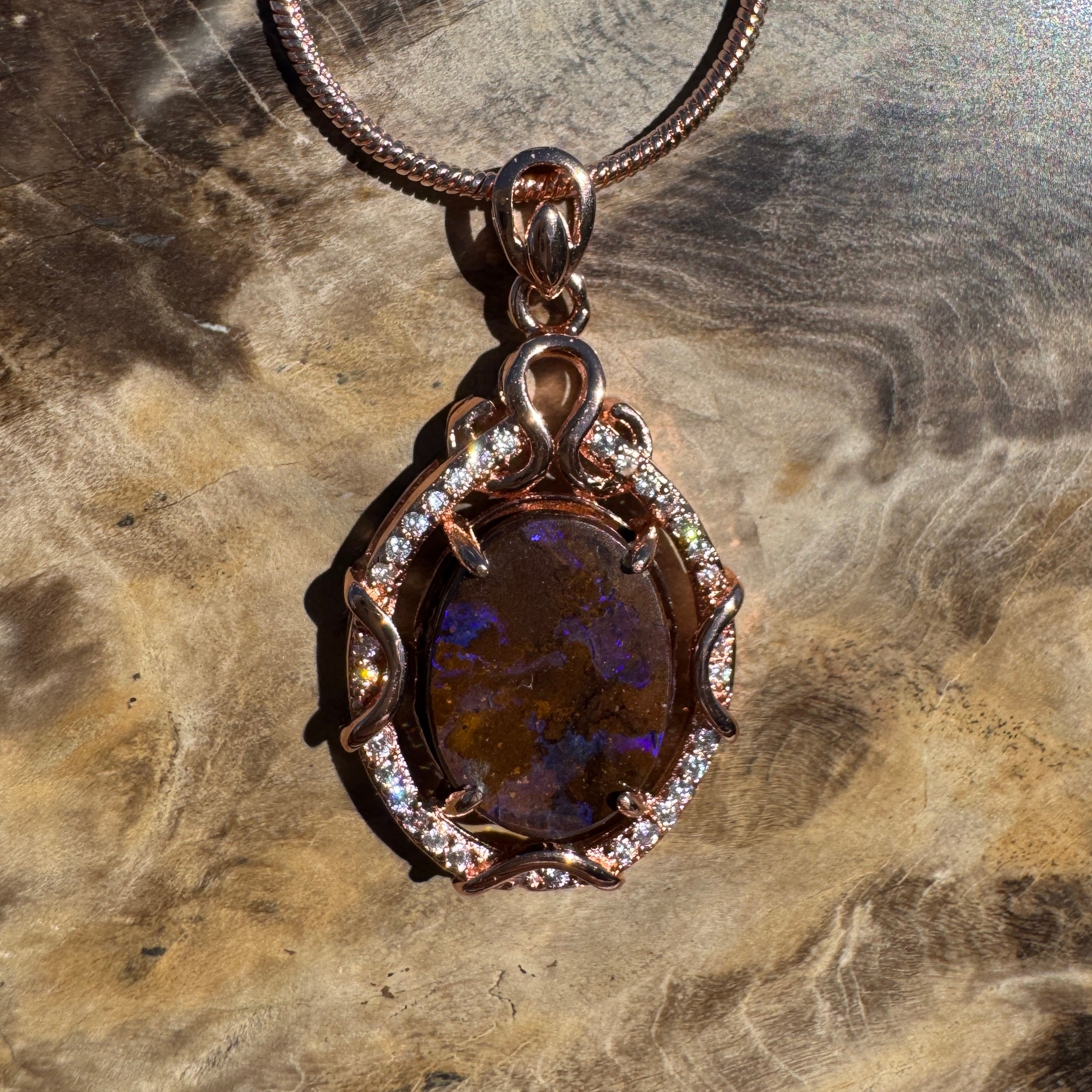 3.2ct Queensland Opal Pendant Necklace ~ 'Kangaroo Island Amethyst' | Rose Gold Coated 925 Sterling Silver | Solid Australian Opal