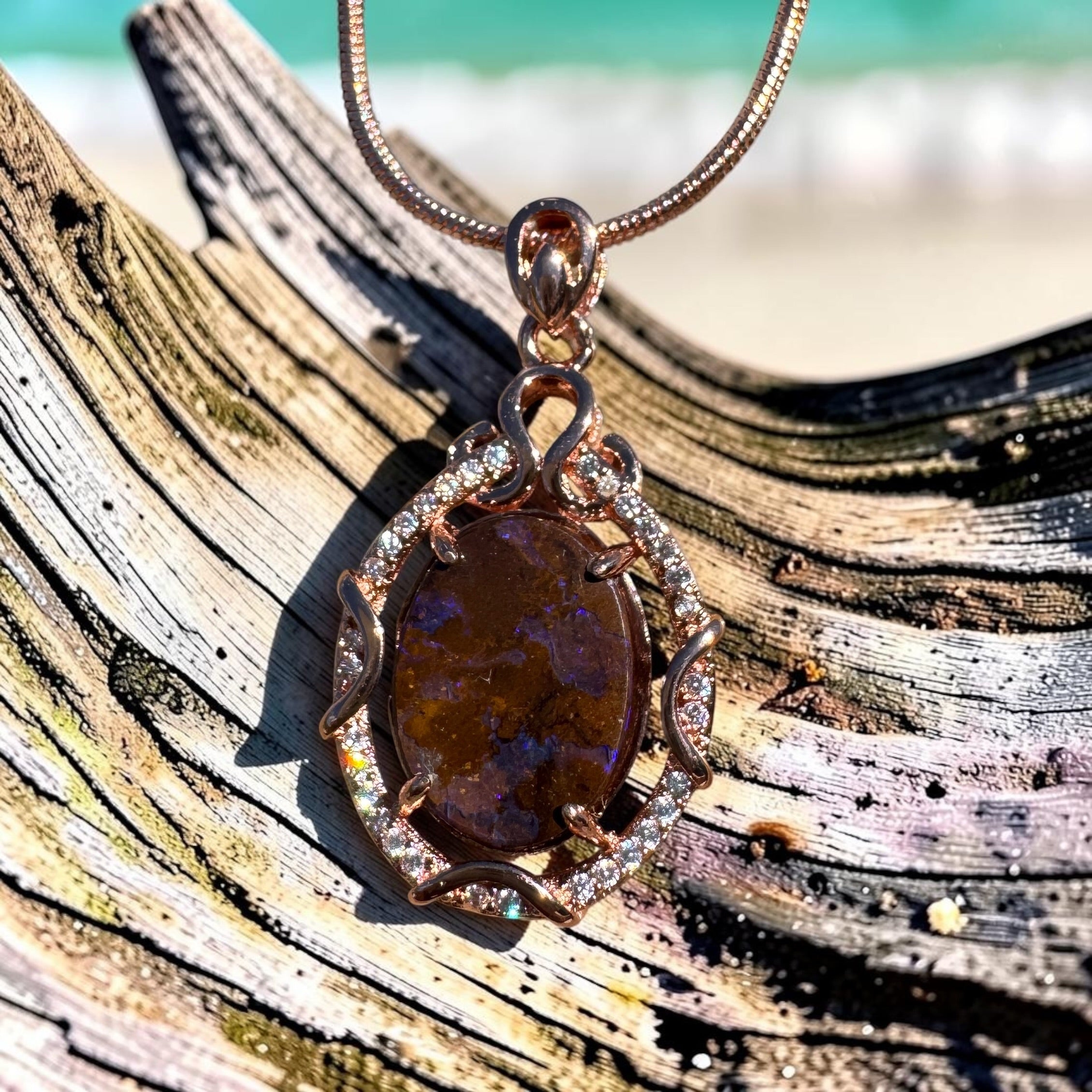 3.2ct Queensland Opal Pendant Necklace ~ 'Kangaroo Island Amethyst' | Rose Gold Coated 925 Sterling Silver | Solid Australian Opal