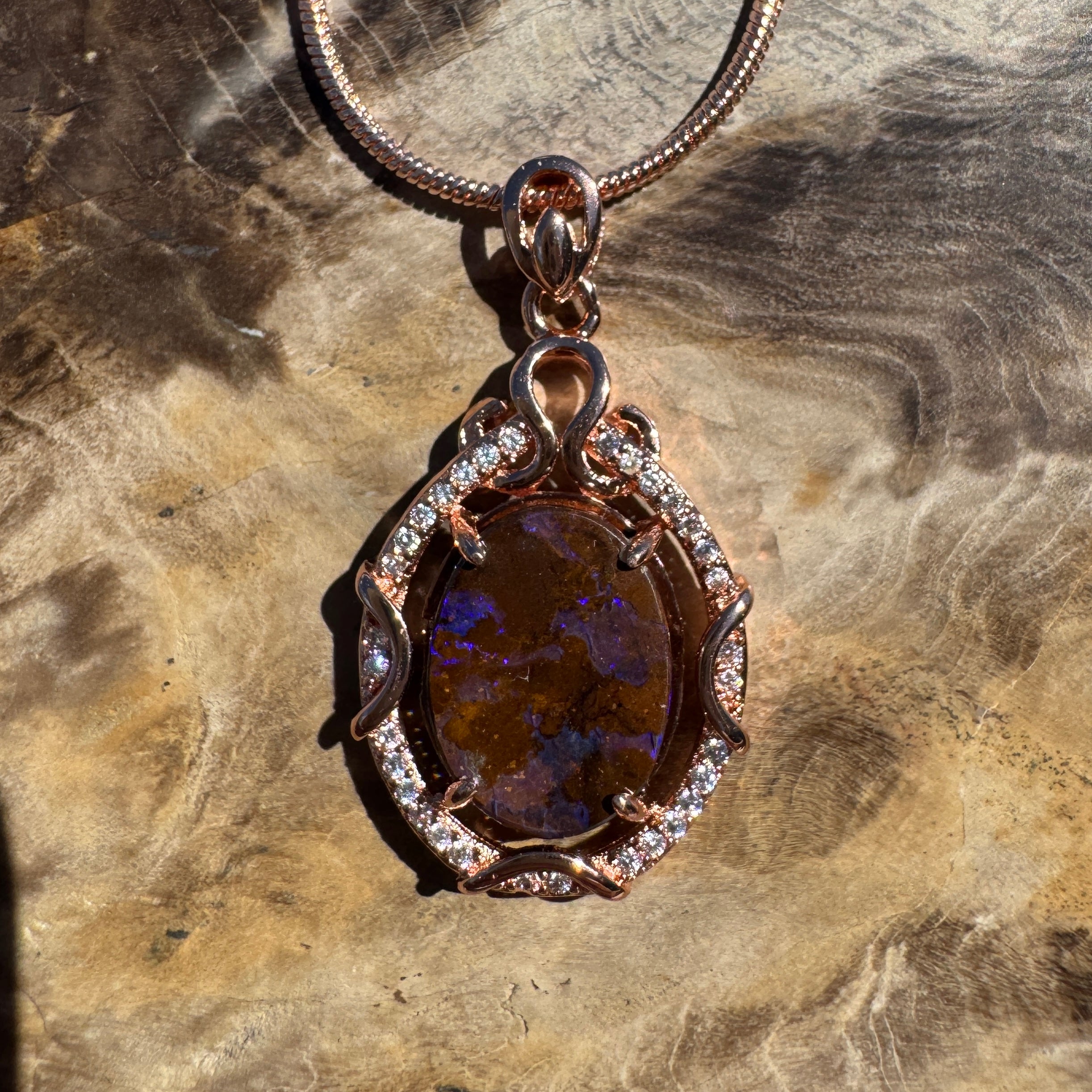 3.2ct Queensland Opal Pendant Necklace ~ 'Kangaroo Island Amethyst' | Rose Gold Coated 925 Sterling Silver | Solid Australian Opal