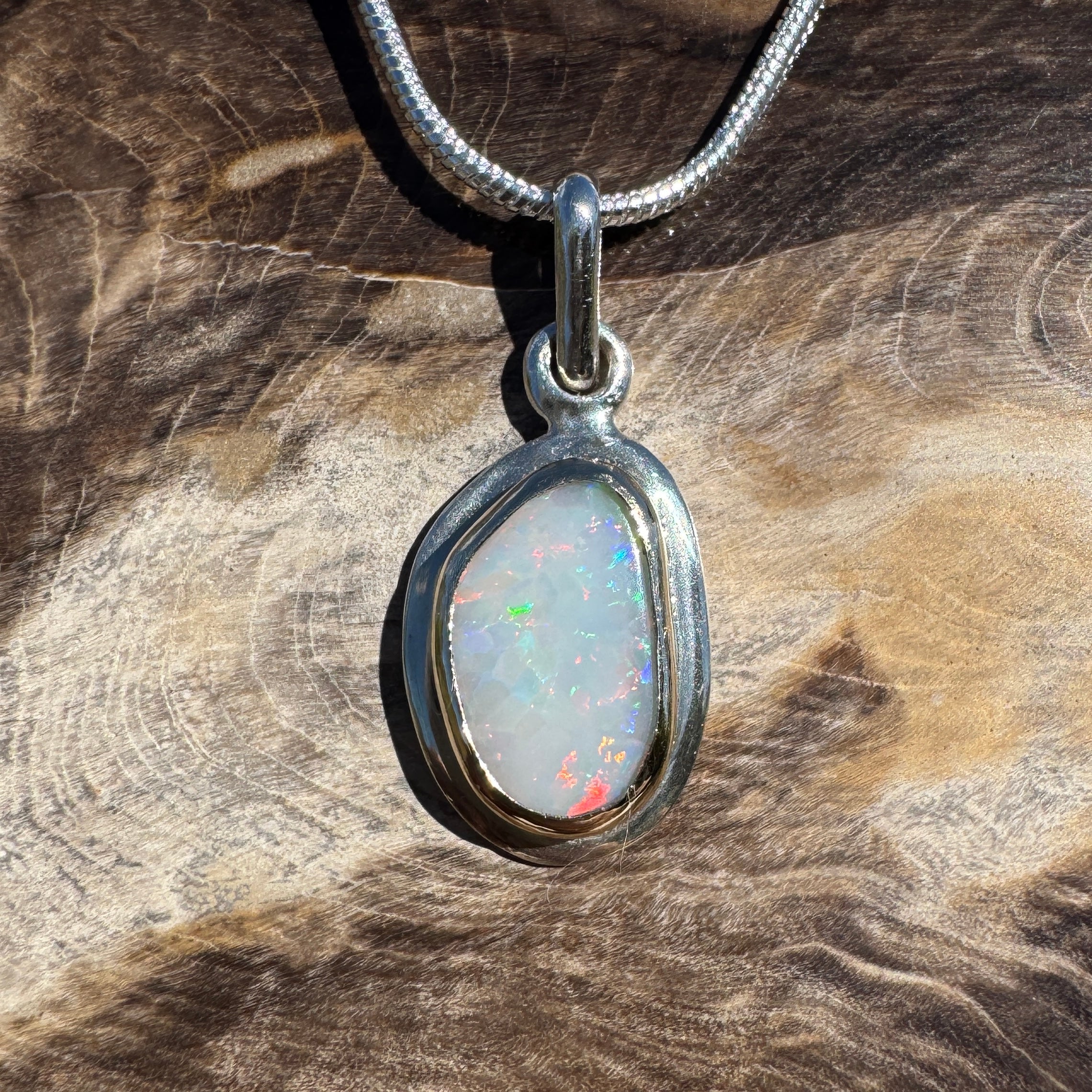 1.2ct Coober Pedy Opal Pendant Necklace ~ 'Purnululu Spectrum' | 9ct Yellow Gold and 925 Sterling Silver | Solid Australian Opal