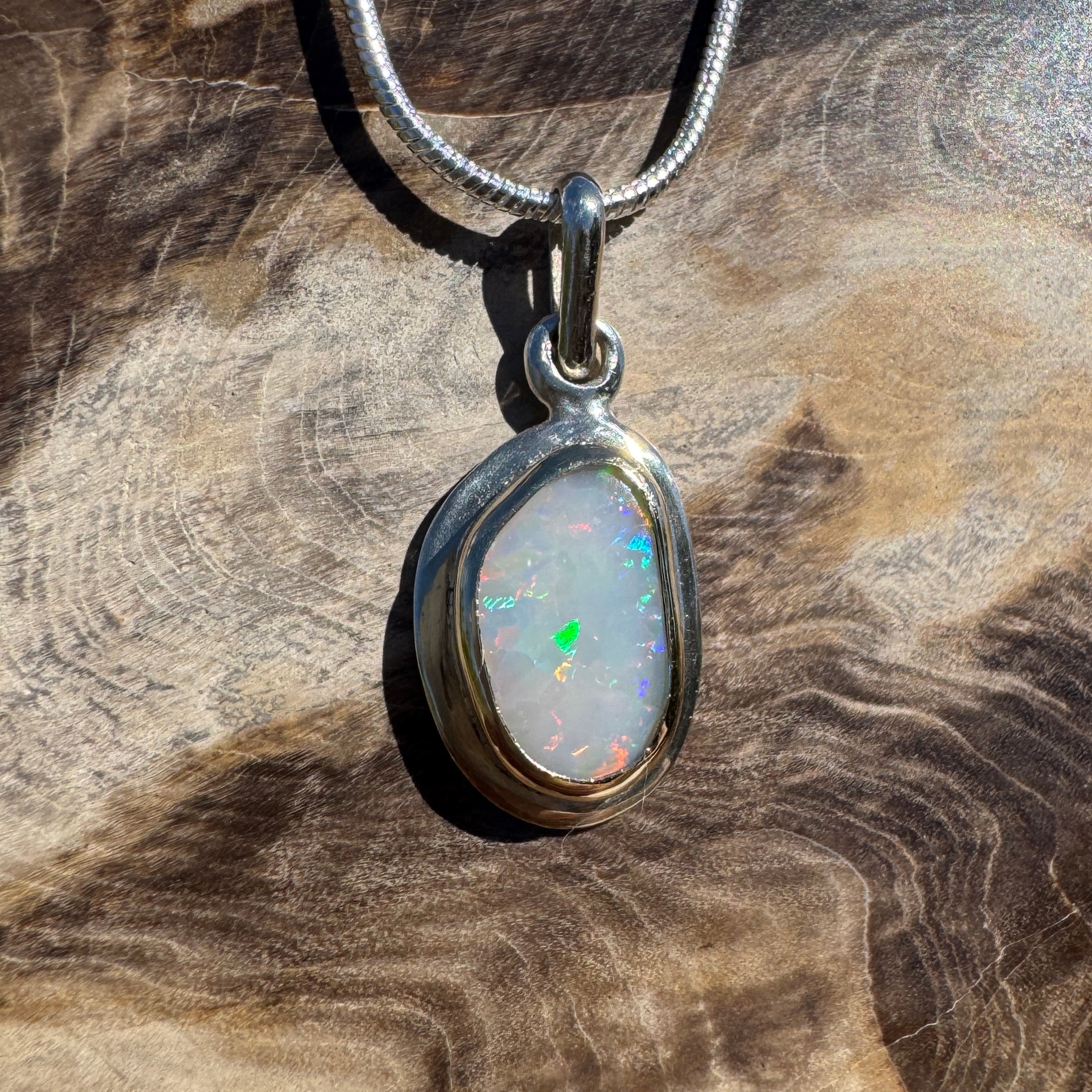 1.2ct Coober Pedy Opal Pendant Necklace ~ 'Purnululu Spectrum' | 9ct Yellow Gold and 925 Sterling Silver | Solid Australian Opal