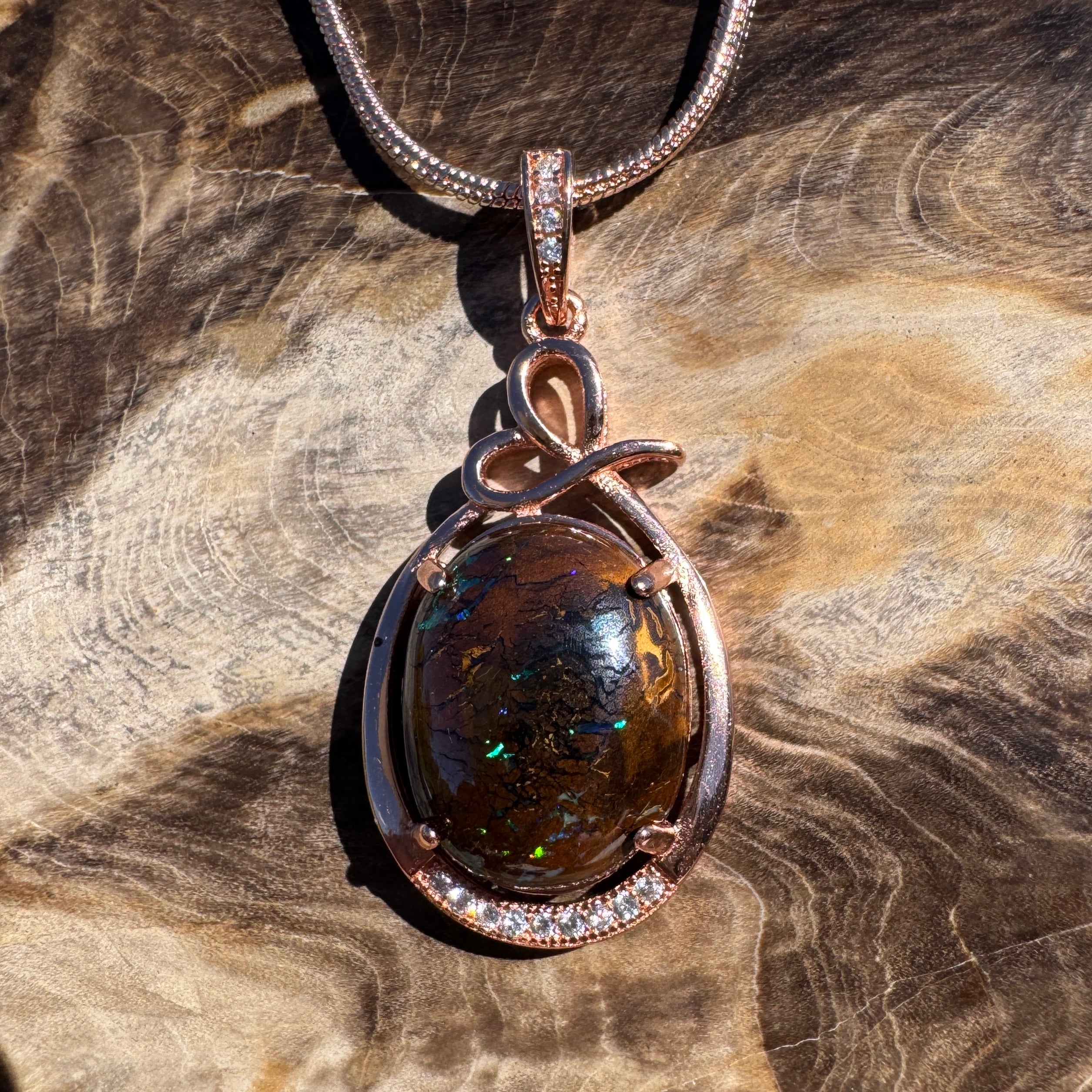 9.8ct Queensland Opal Pendant Necklace ~ 'Mount Buffalo Blues' | Rose Gold Coated 925 Sterling Silver | Solid Australian Opal