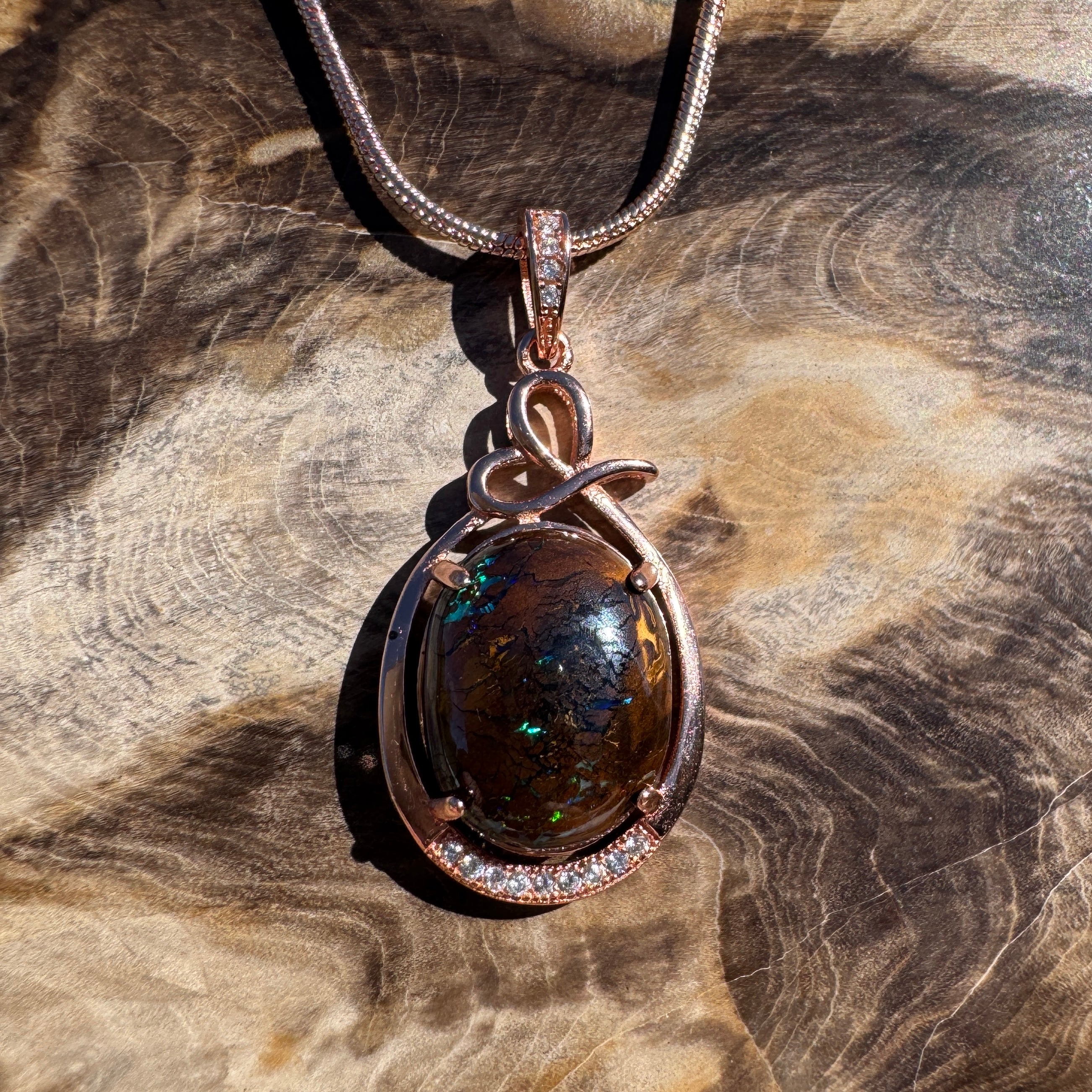 9.8ct Queensland Opal Pendant Necklace ~ 'Mount Buffalo Blues' | Rose Gold Coated 925 Sterling Silver | Solid Australian Opal