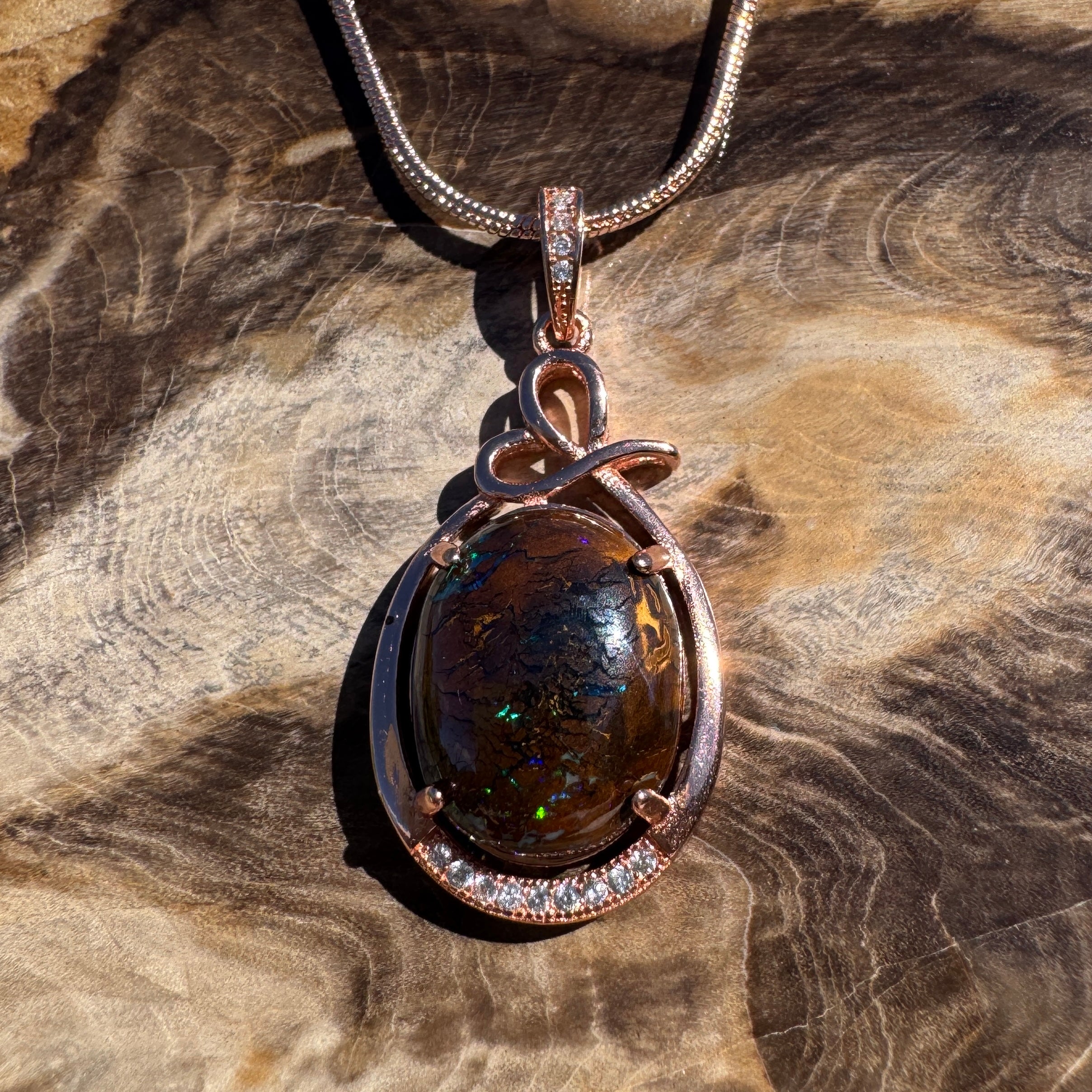 9.8ct Queensland Opal Pendant Necklace ~ 'Mount Buffalo Blues' | Rose Gold Coated 925 Sterling Silver | Solid Australian Opal