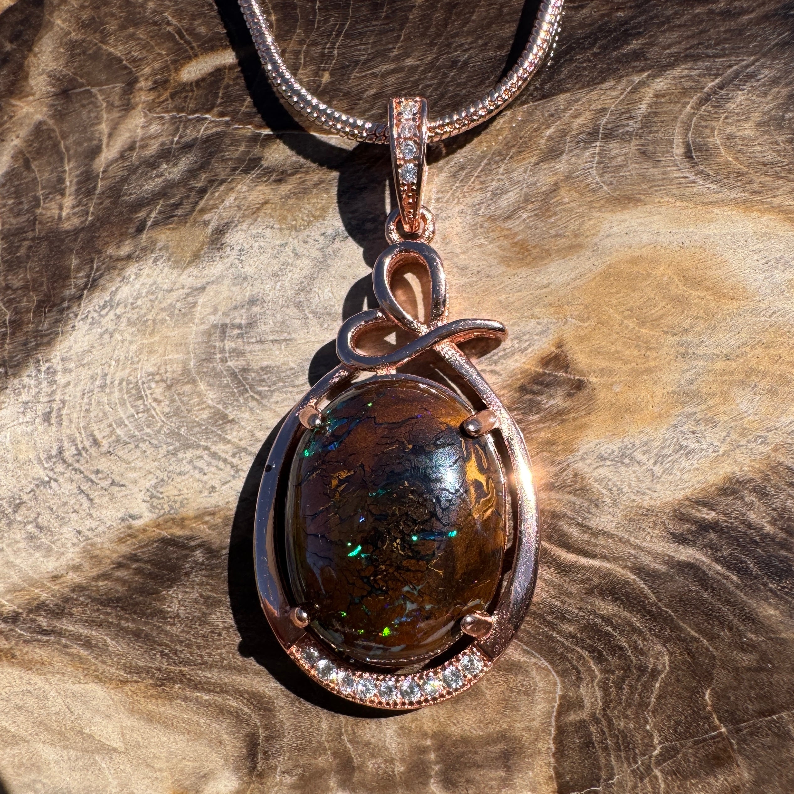 9.8ct Queensland Opal Pendant Necklace ~ 'Mount Buffalo Blues' | Rose Gold Coated 925 Sterling Silver | Solid Australian Opal