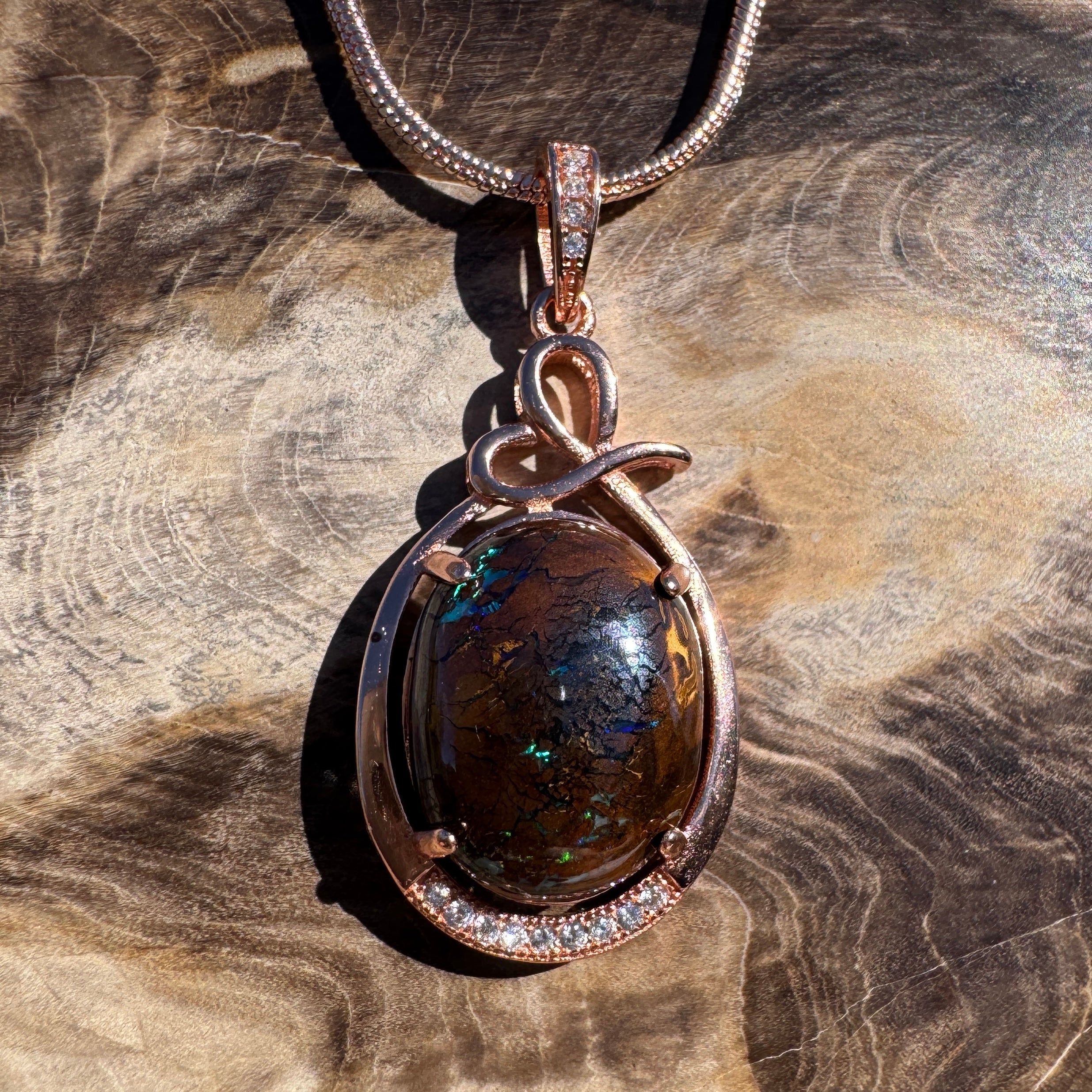 9.8ct Queensland Opal Pendant Necklace ~ 'Mount Buffalo Blues' | Rose Gold Coated 925 Sterling Silver | Solid Australian Opal