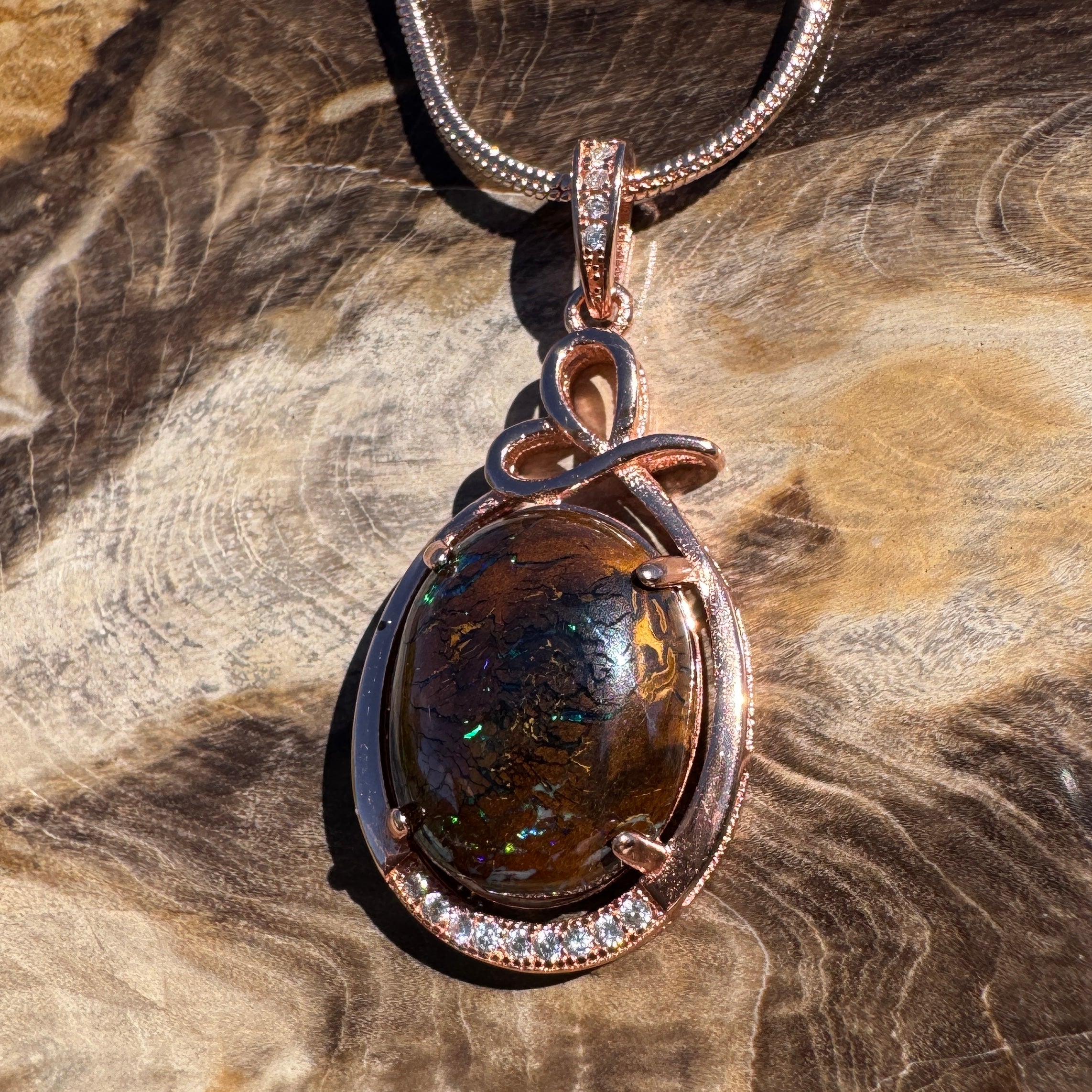 9.8ct Queensland Opal Pendant Necklace ~ 'Mount Buffalo Blues' | Rose Gold Coated 925 Sterling Silver | Solid Australian Opal