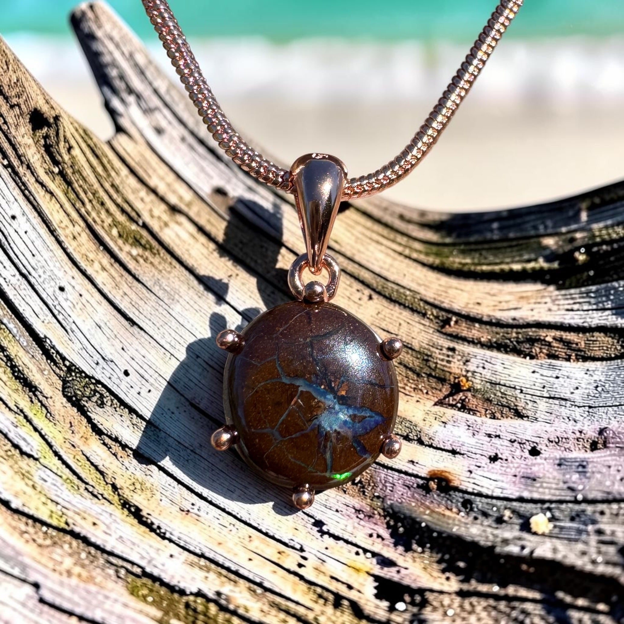 1.6ct Queensland Opal Pendant Necklace ~ 'Coffs Coast Green' | Rose Gold Coated 925 Sterling Silver | Solid Australian Opal