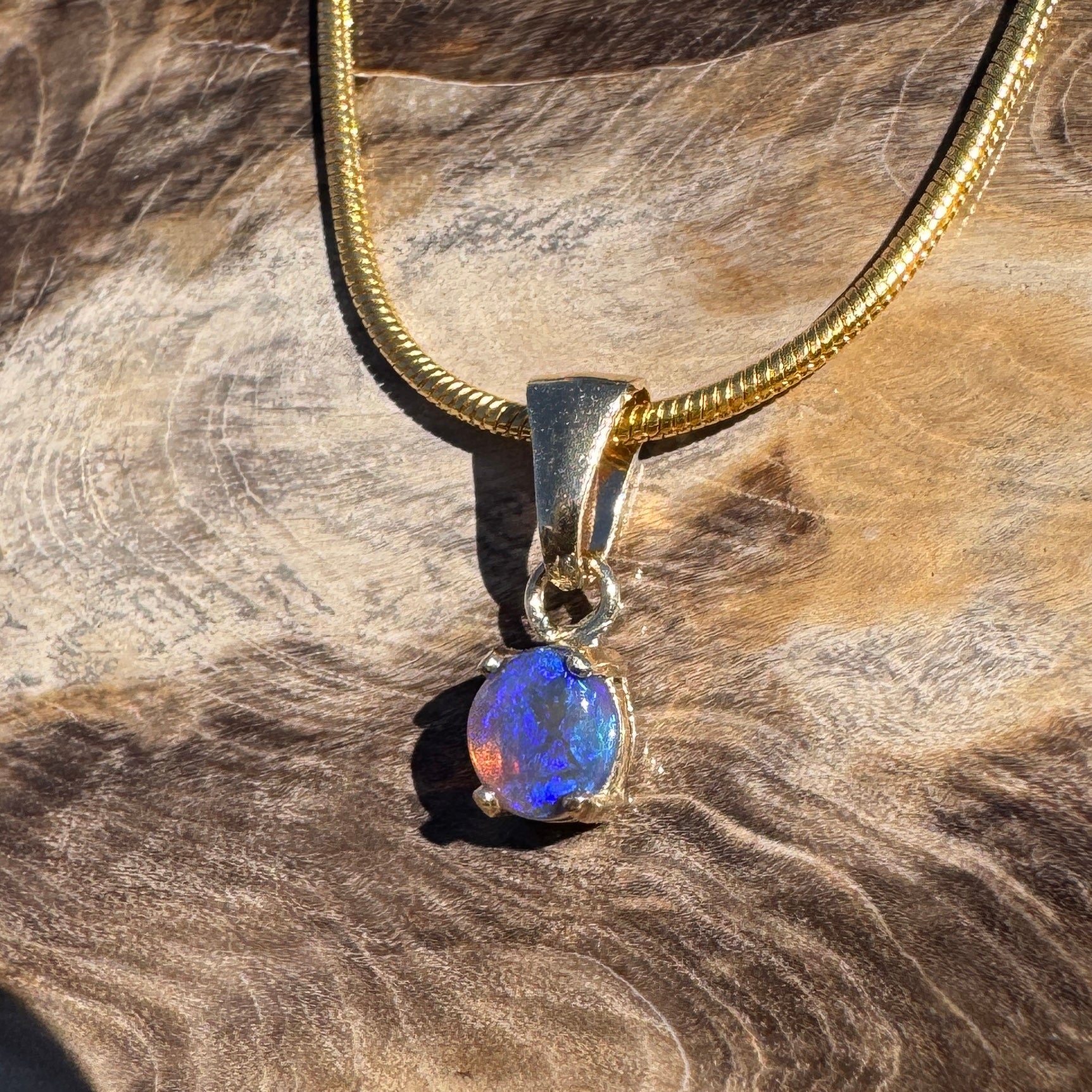 0.3ct Lightning Ridge Semi Black Opal Pendant Necklace ~ 'Broome Violet' | 9ct Yellow Gold | Solid Australian Opal