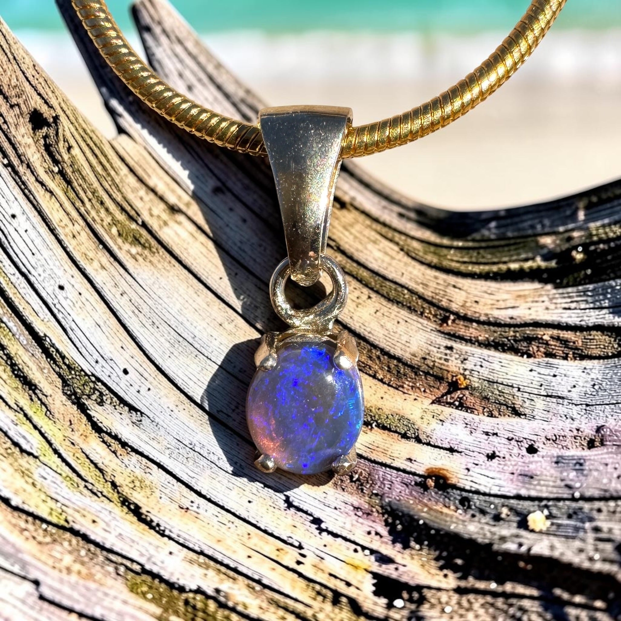 0.3ct Lightning Ridge Semi Black Opal Pendant Necklace ~ 'Broome Violet' | 9ct Yellow Gold | Solid Australian Opal
