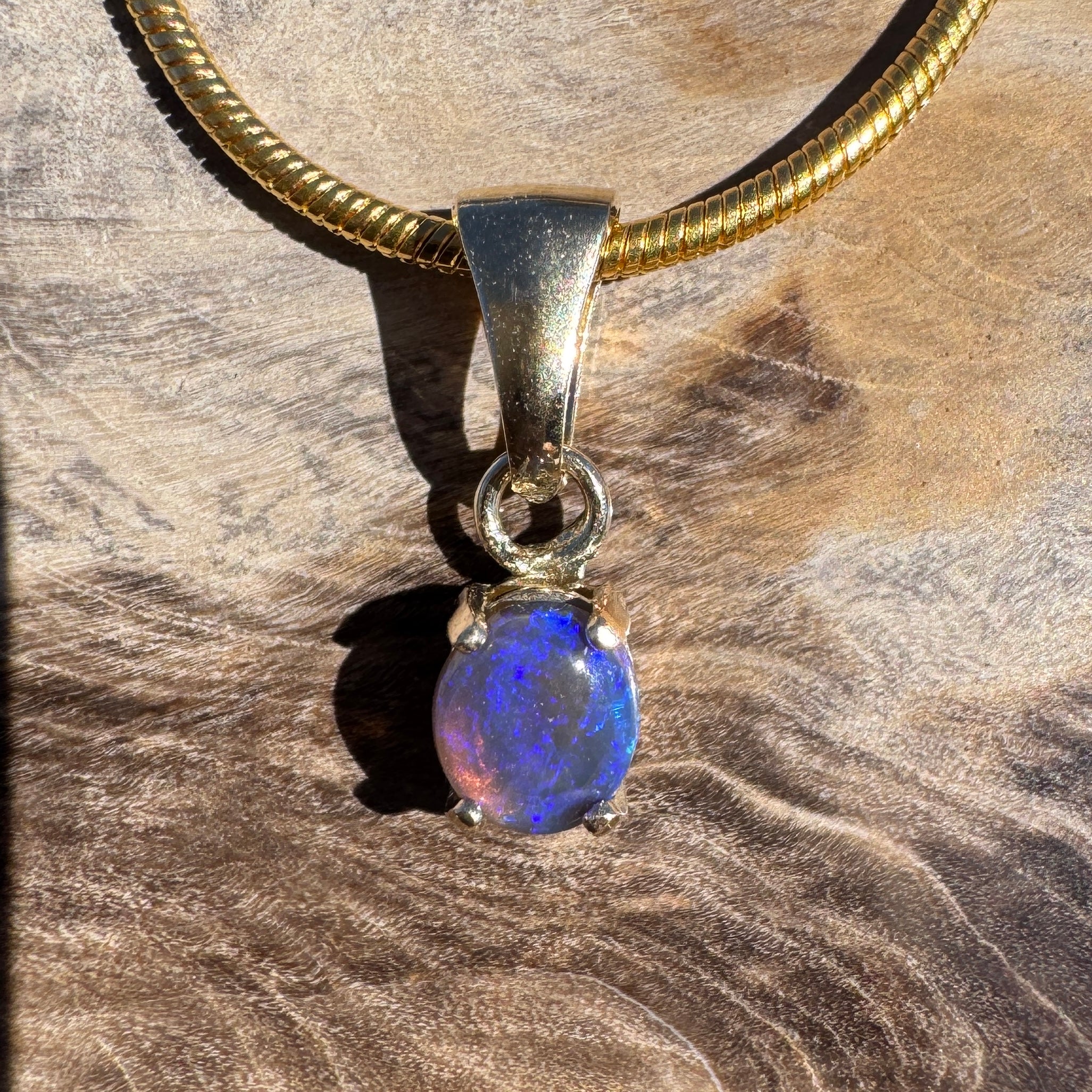 0.3ct Lightning Ridge Semi Black Opal Pendant Necklace ~ 'Broome Violet' | 9ct Yellow Gold | Solid Australian Opal