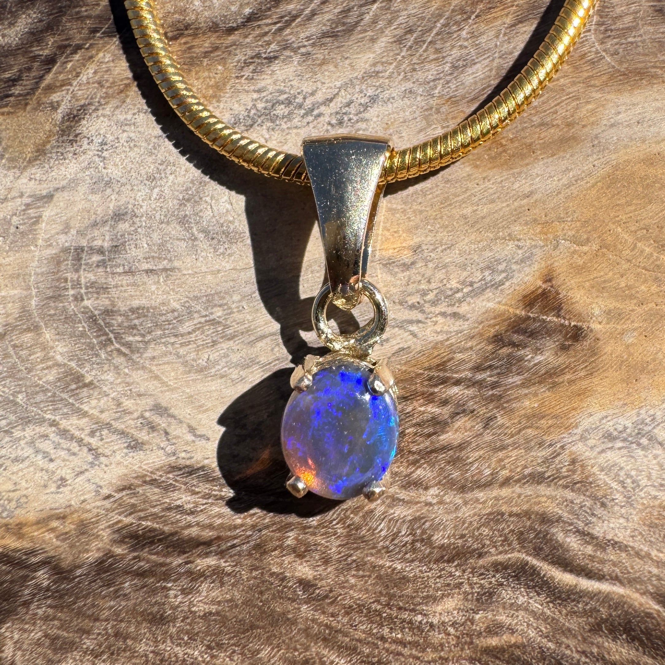 0.3ct Lightning Ridge Semi Black Opal Pendant Necklace ~ 'Broome Violet' | 9ct Yellow Gold | Solid Australian Opal