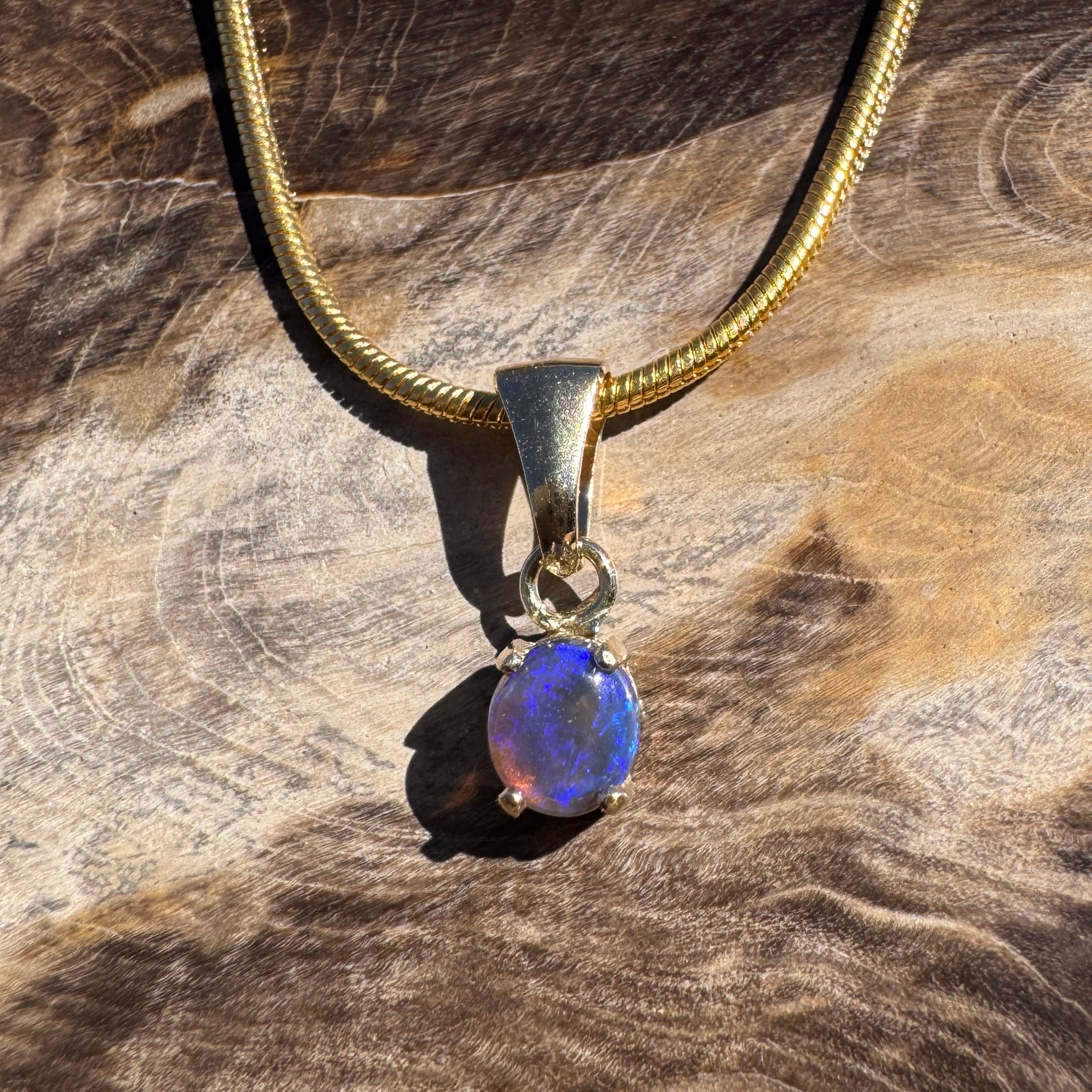 0.3ct Lightning Ridge Semi Black Opal Pendant Necklace ~ 'Broome Violet' | 9ct Yellow Gold | Solid Australian Opal