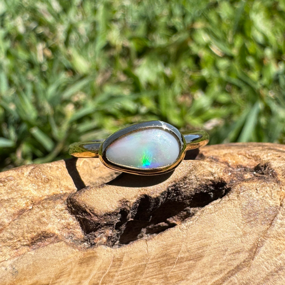 0.7ct Lightning Ridge Semi Black Opal Ring ~ 'Pambula Firelight' | 9ct Yellow Gold | Solid Australian Opal