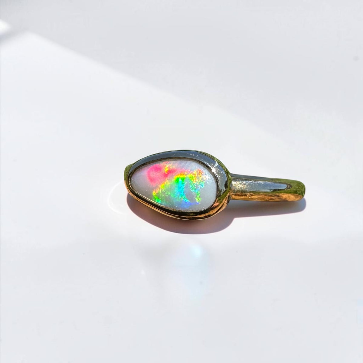 0.7ct Lightning Ridge Semi Black Opal Ring ~ 'Pambula Firelight' | 9ct Yellow Gold | Solid Australian Opal
