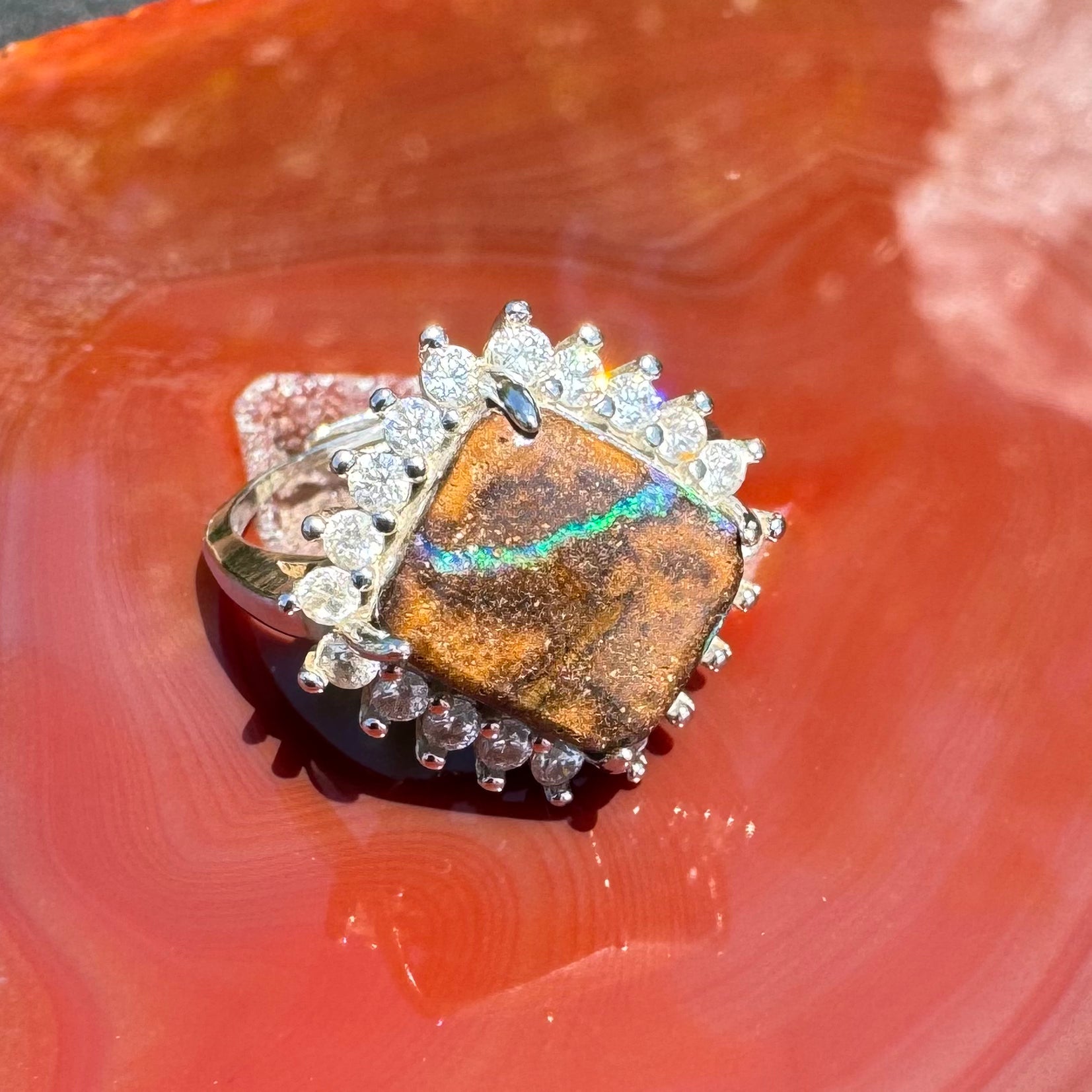 'Rain Over Uluru' ~ Handcrafted 6ct Solid Queensland Boulder Opal and Cubic Zirconia Sterling Silver Ring - Iona Opal Australia