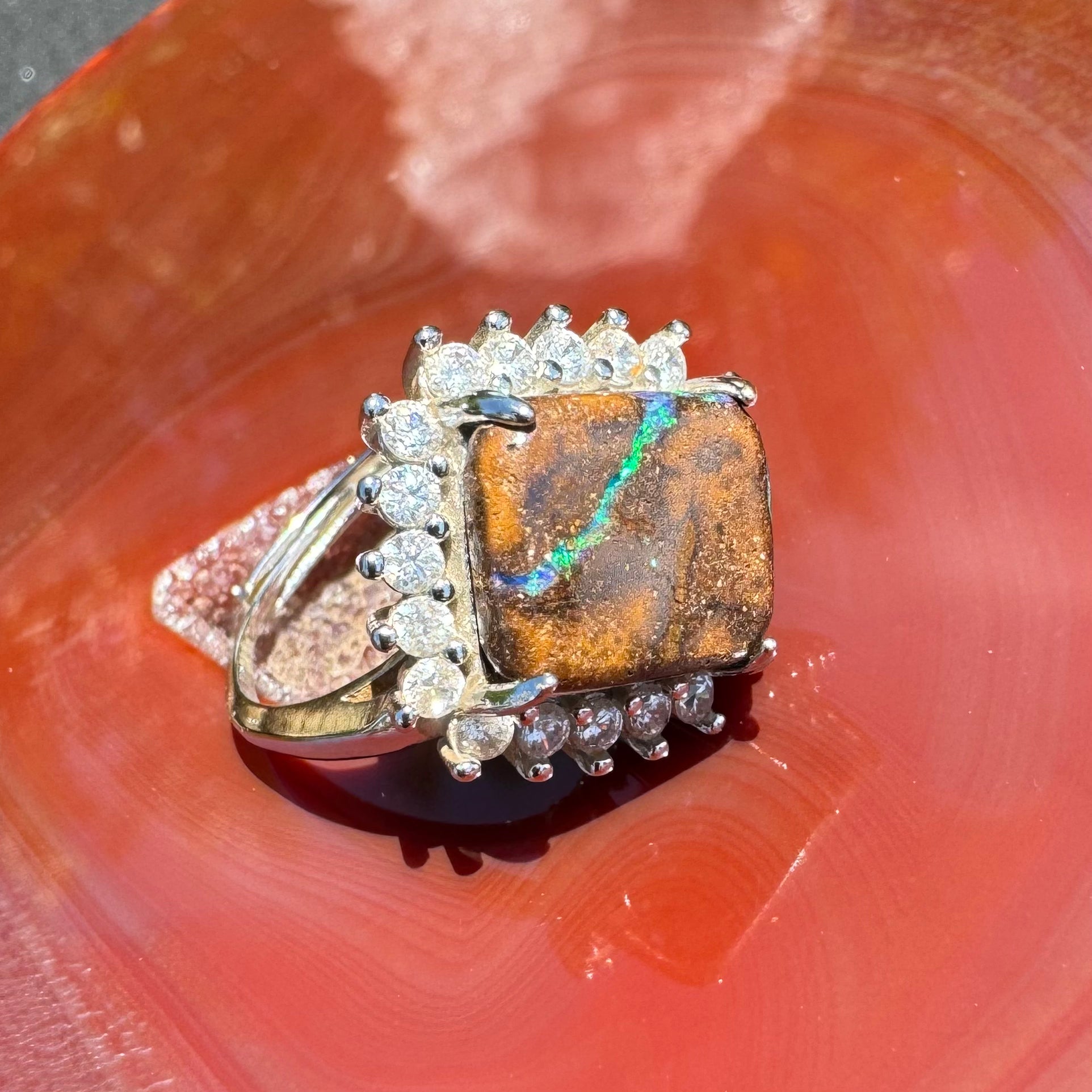 'Rain Over Uluru' ~ Handcrafted 6ct Solid Queensland Boulder Opal and Cubic Zirconia Sterling Silver Ring - Iona Opal Australia