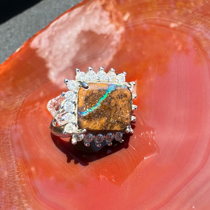 'Rain Over Uluru' ~ Handcrafted 6ct Solid Queensland Boulder Opal and Cubic Zirconia Sterling Silver Ring - Iona Opal Australia